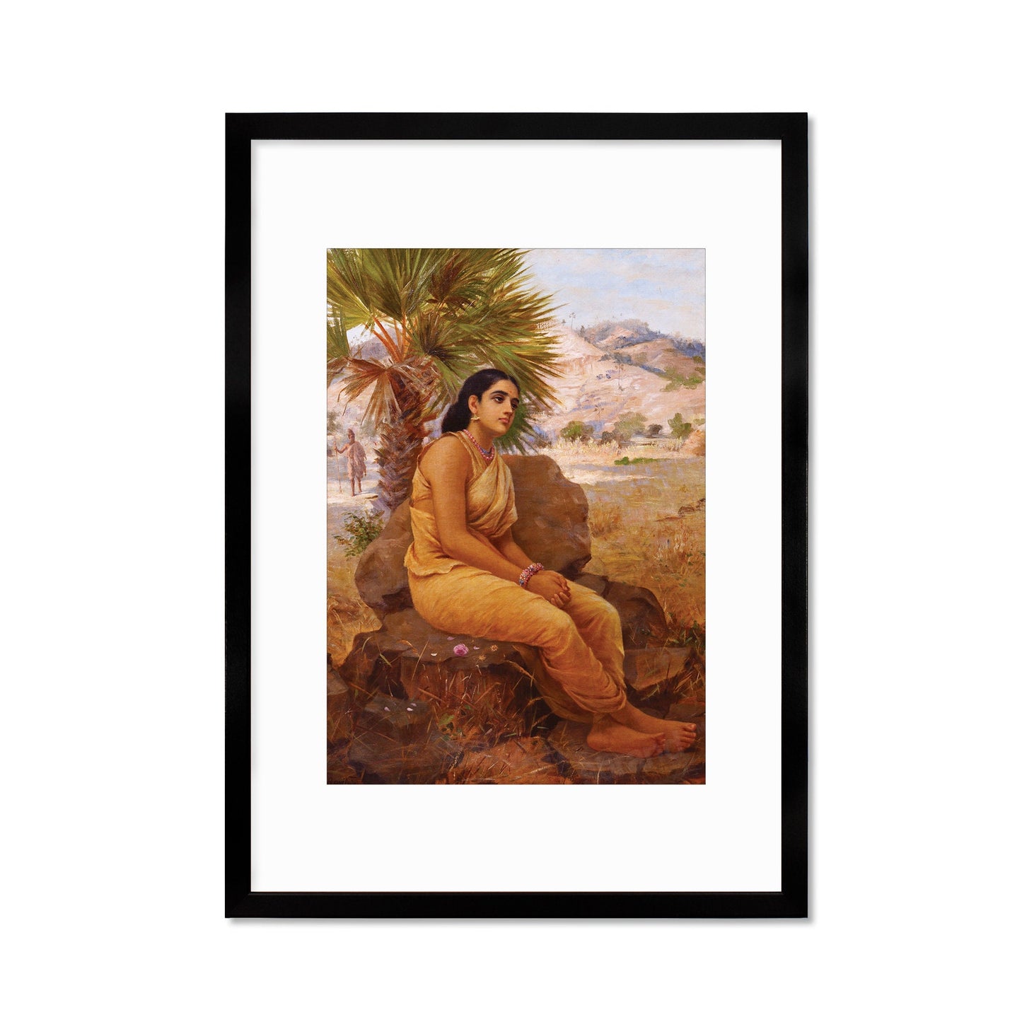 Framed Mounted Indian Art Vintage Print Poster Antique Raja Ravi Varma Shakuntala Lost in Dushyanta's Thoughts Hindu Kerala Painting Saree