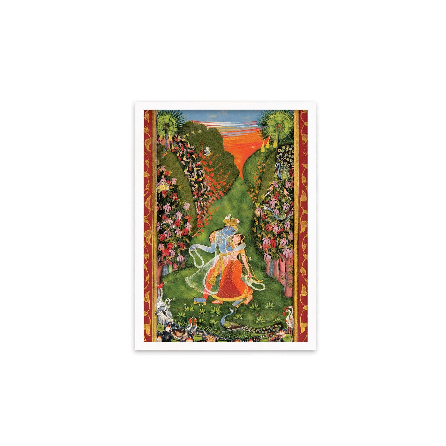 Framed Mounted Indian Art Vintage Print Poster Antique Radha and Krishna Walk in a Flowering Grove The Kota Master Hindu Painting Beautiful