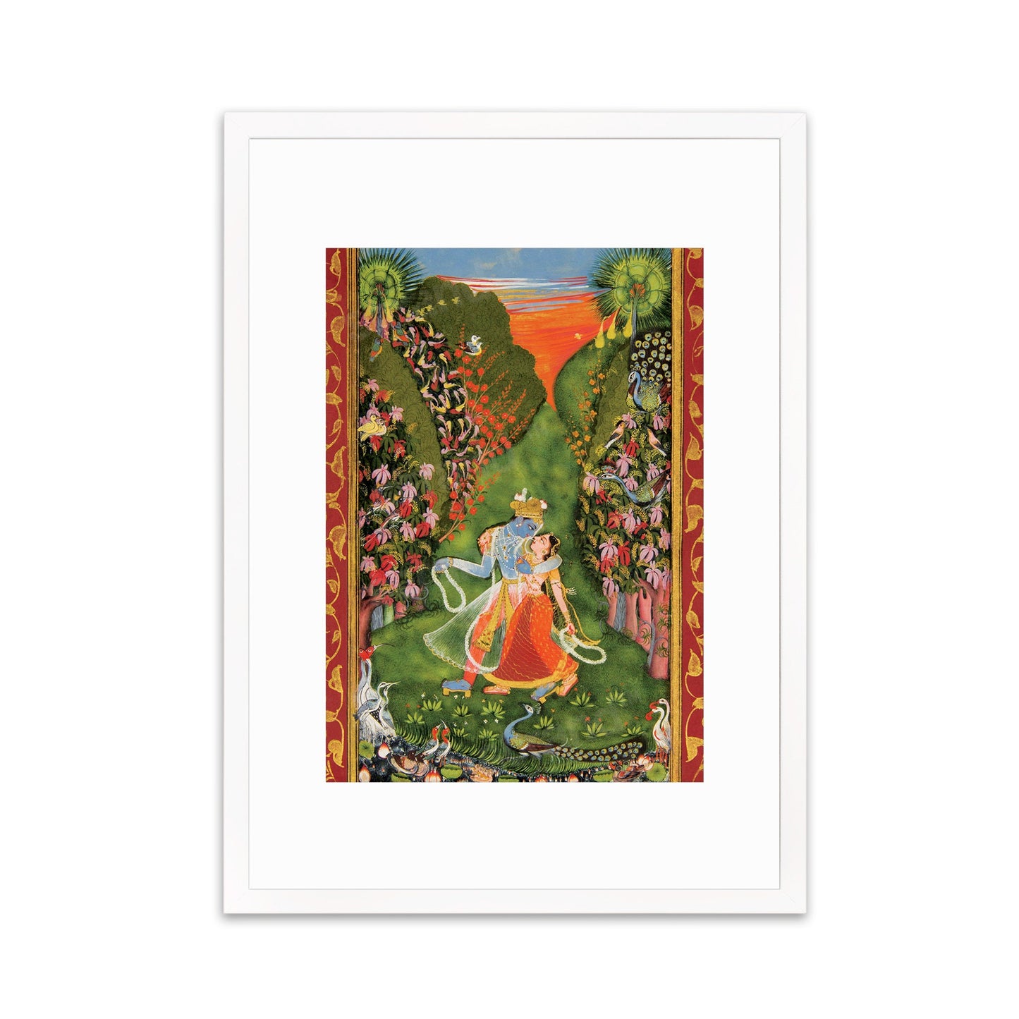 Framed Mounted Indian Art Vintage Print Poster Antique Radha and Krishna Walk in a Flowering Grove The Kota Master Hindu Painting Beautiful