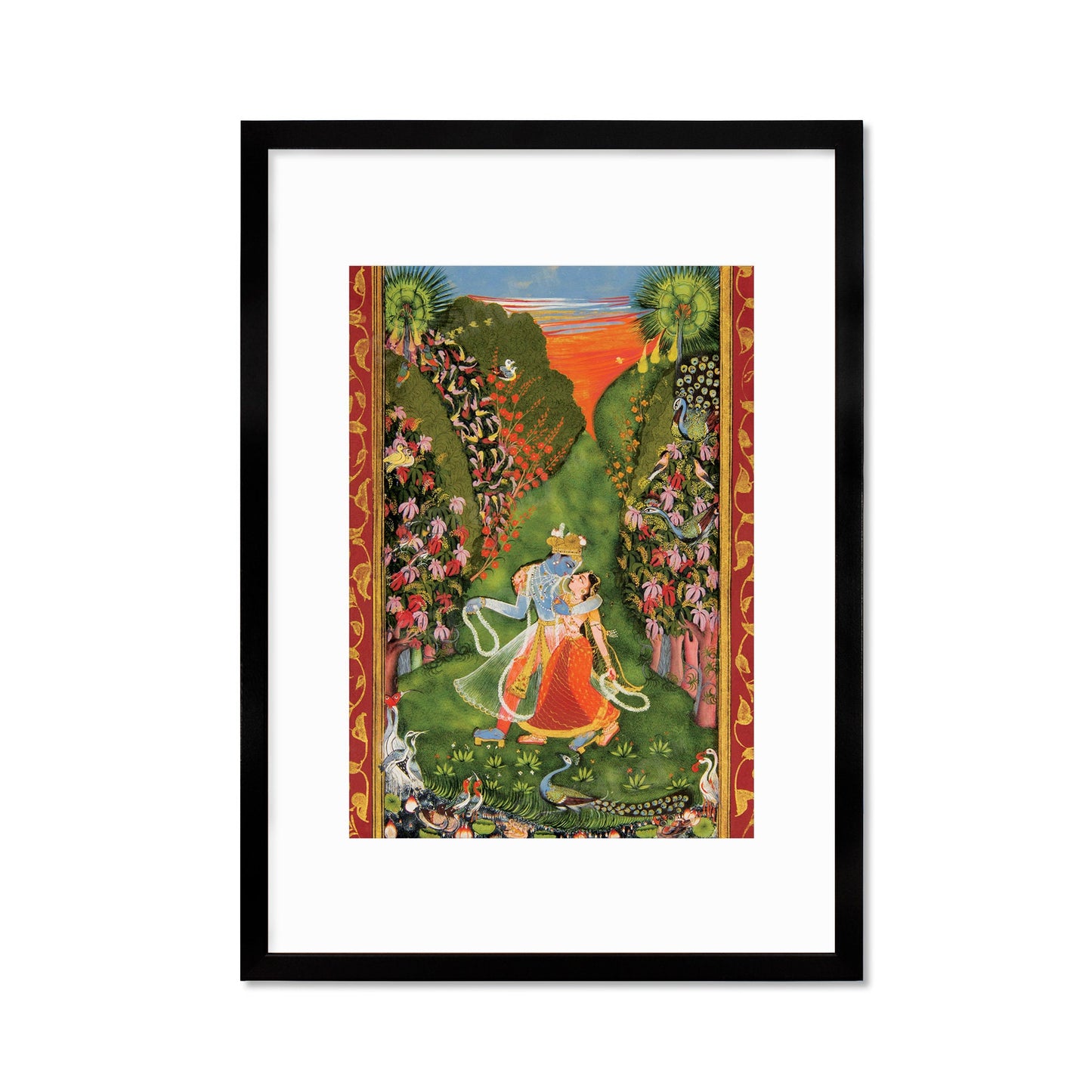 Framed Mounted Indian Art Vintage Print Poster Antique Radha and Krishna Walk in a Flowering Grove The Kota Master Hindu Painting Beautiful