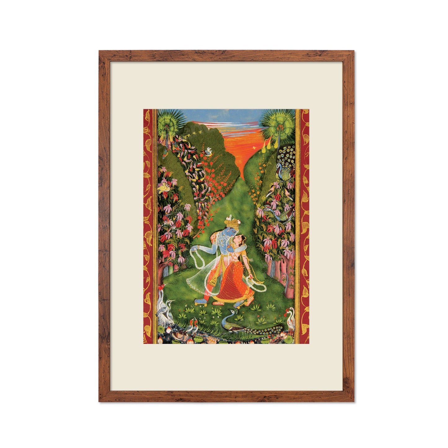 Framed Mounted Indian Art Vintage Print Poster Antique Radha and Krishna Walk in a Flowering Grove The Kota Master Hindu Painting Beautiful