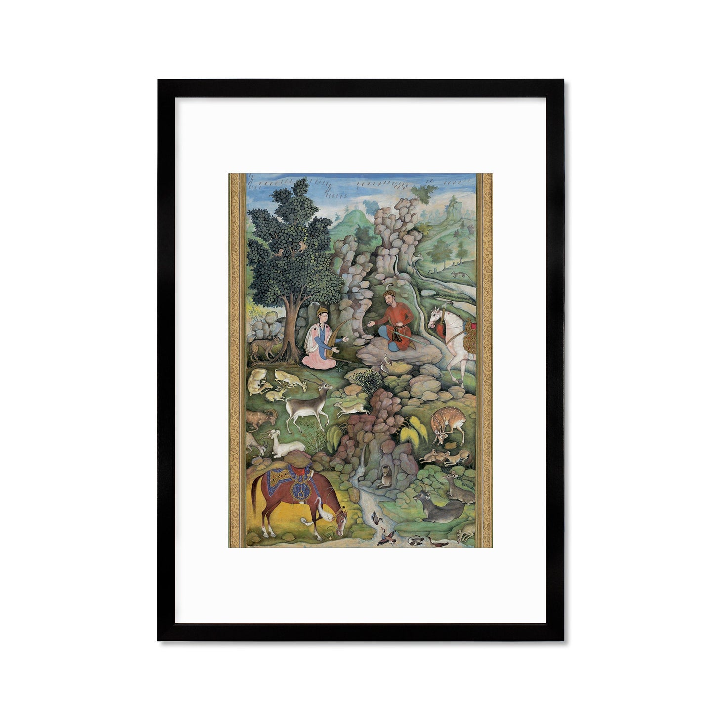 Framed Mounted Mughal Persian Art Vintage Print Poster Antique Bahram Gur Sees Herd of Deer Mesmerized by Dilarams Music Painting Iran A3