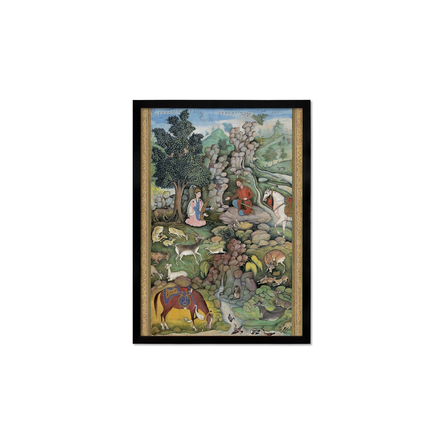 Framed Mounted Mughal Persian Art Vintage Print Poster Antique Bahram Gur Sees Herd of Deer Mesmerized by Dilarams Music Painting Iran A3