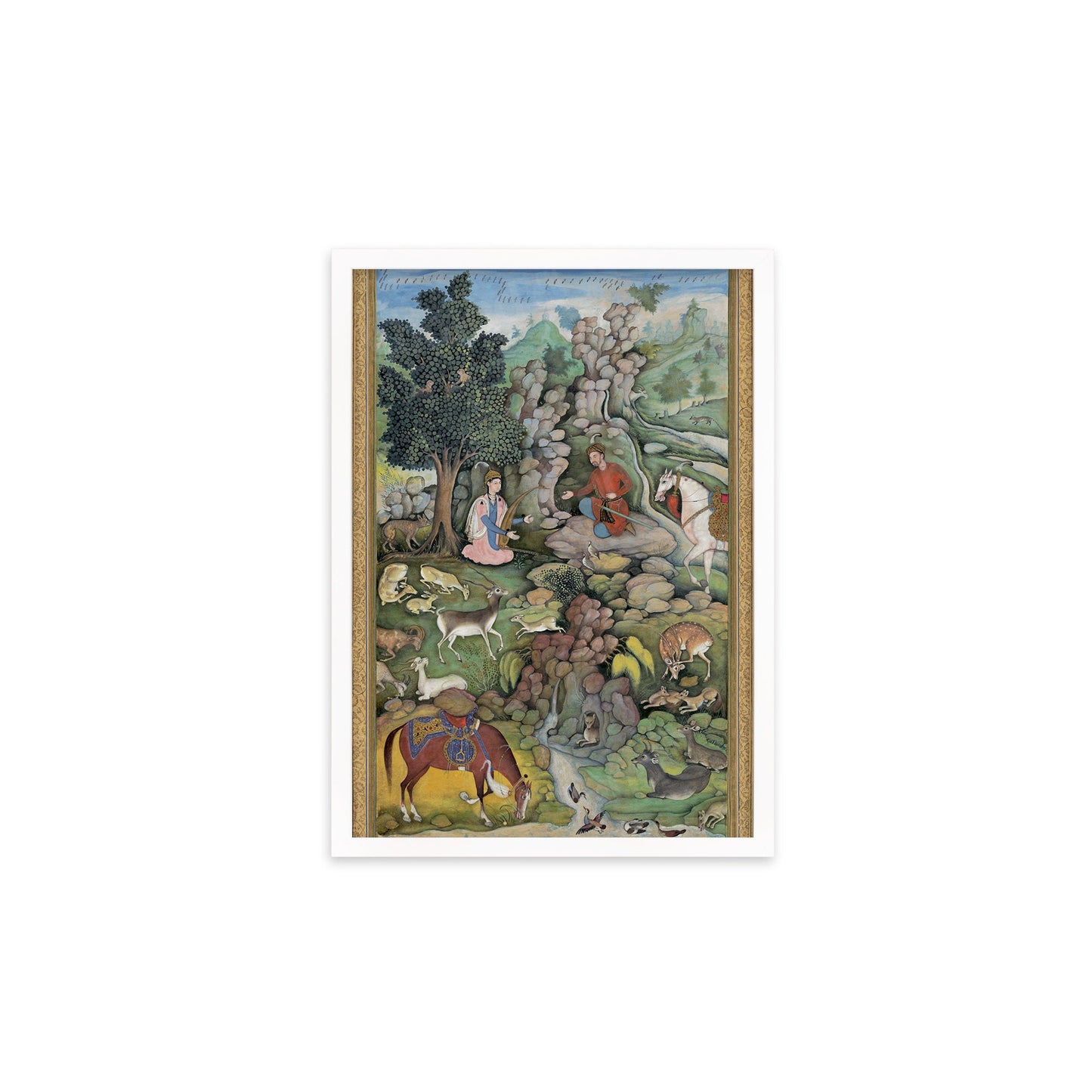 Framed Mounted Mughal Persian Art Vintage Print Poster Antique Bahram Gur Sees Herd of Deer Mesmerized by Dilarams Music Painting Iran A3