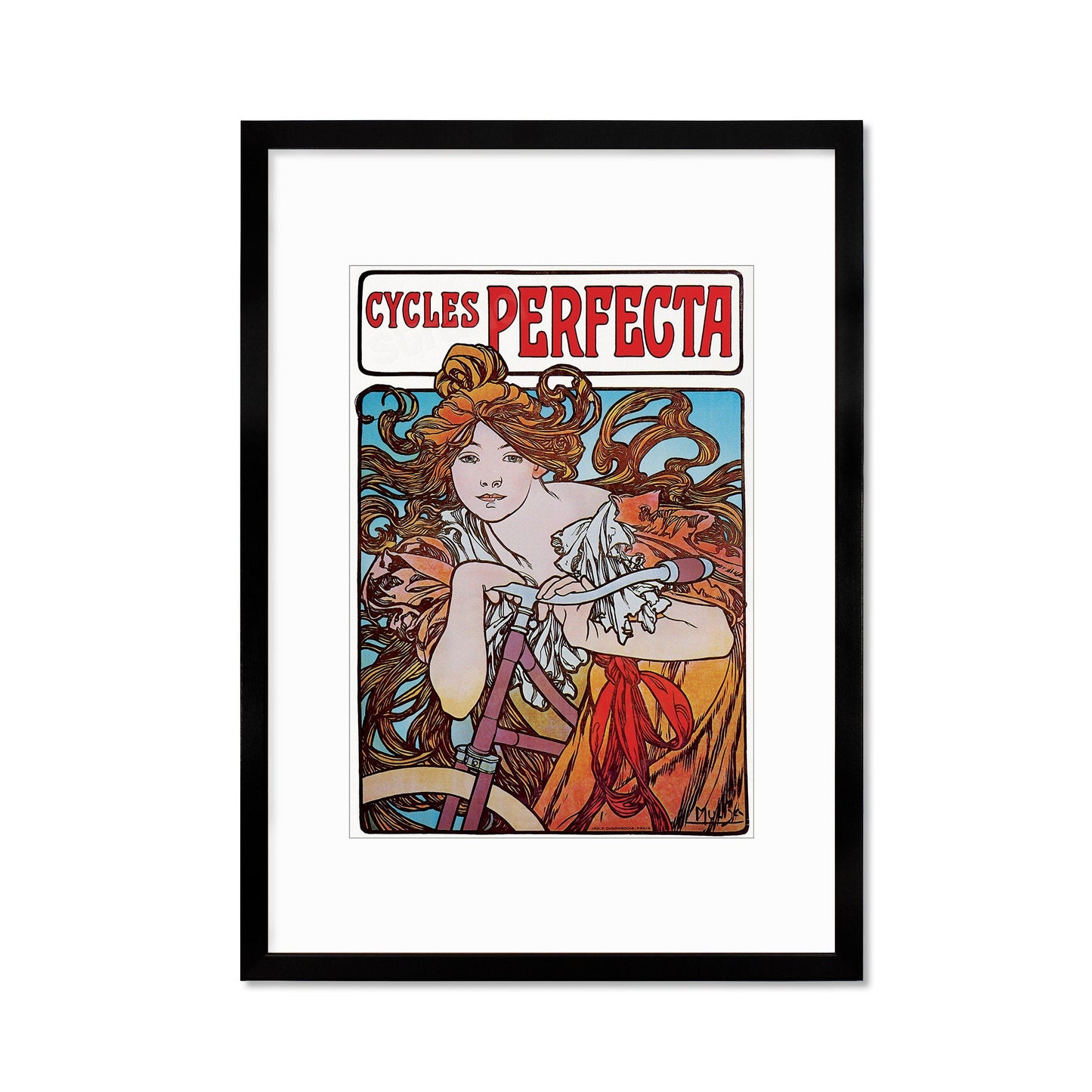 Framed Mounted Alphonse Mucha Cycles Perfecta Vintage Art Print Poster Wall Antique Quirky Illustration Fairy Bicycle Victorian Beautiful