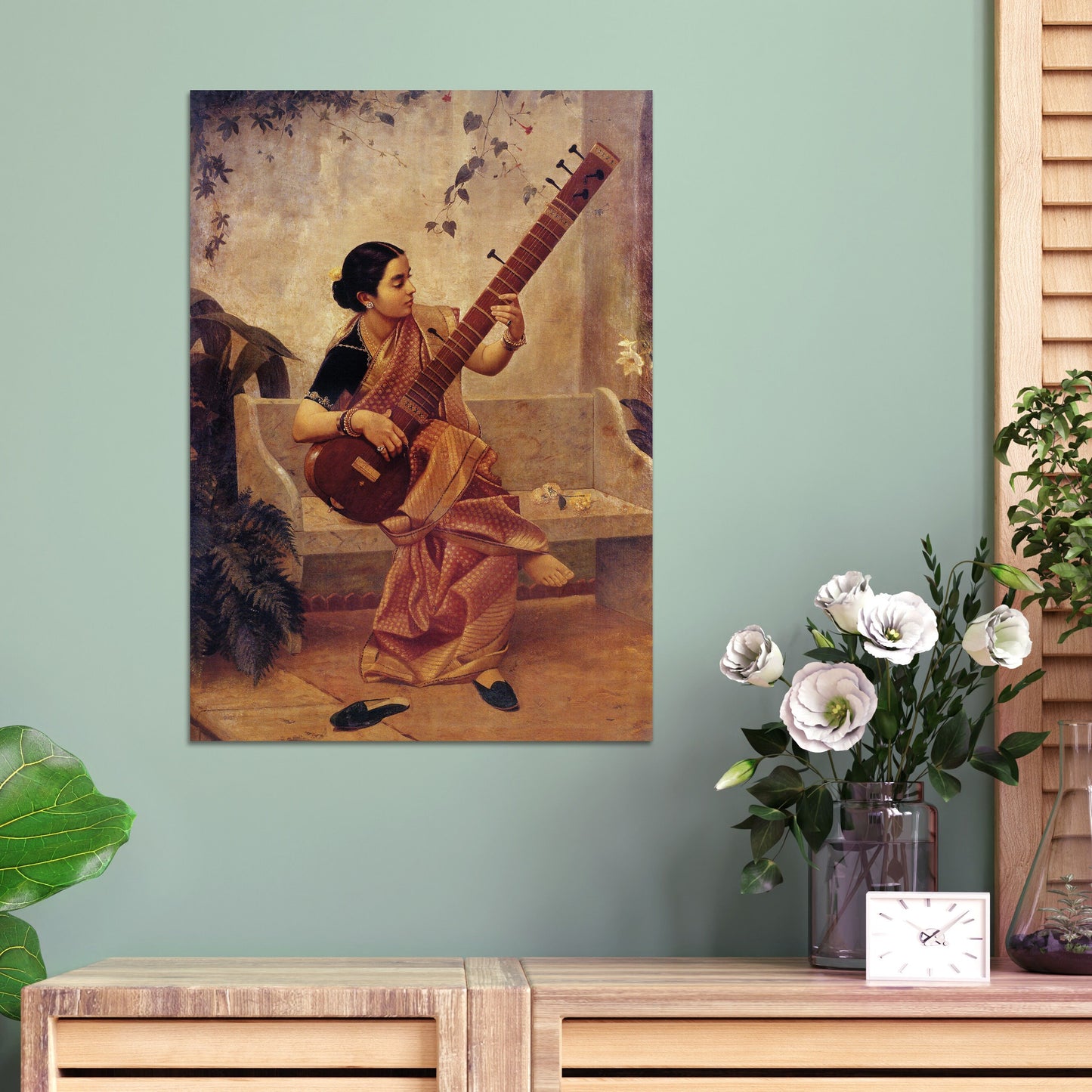 Indian Art Vintage Print Poster Antique Raja Ravi Varma Kadambari Music Hath Charm Hindu Kerala Painting Beautiful A3 Veena Sitar Music