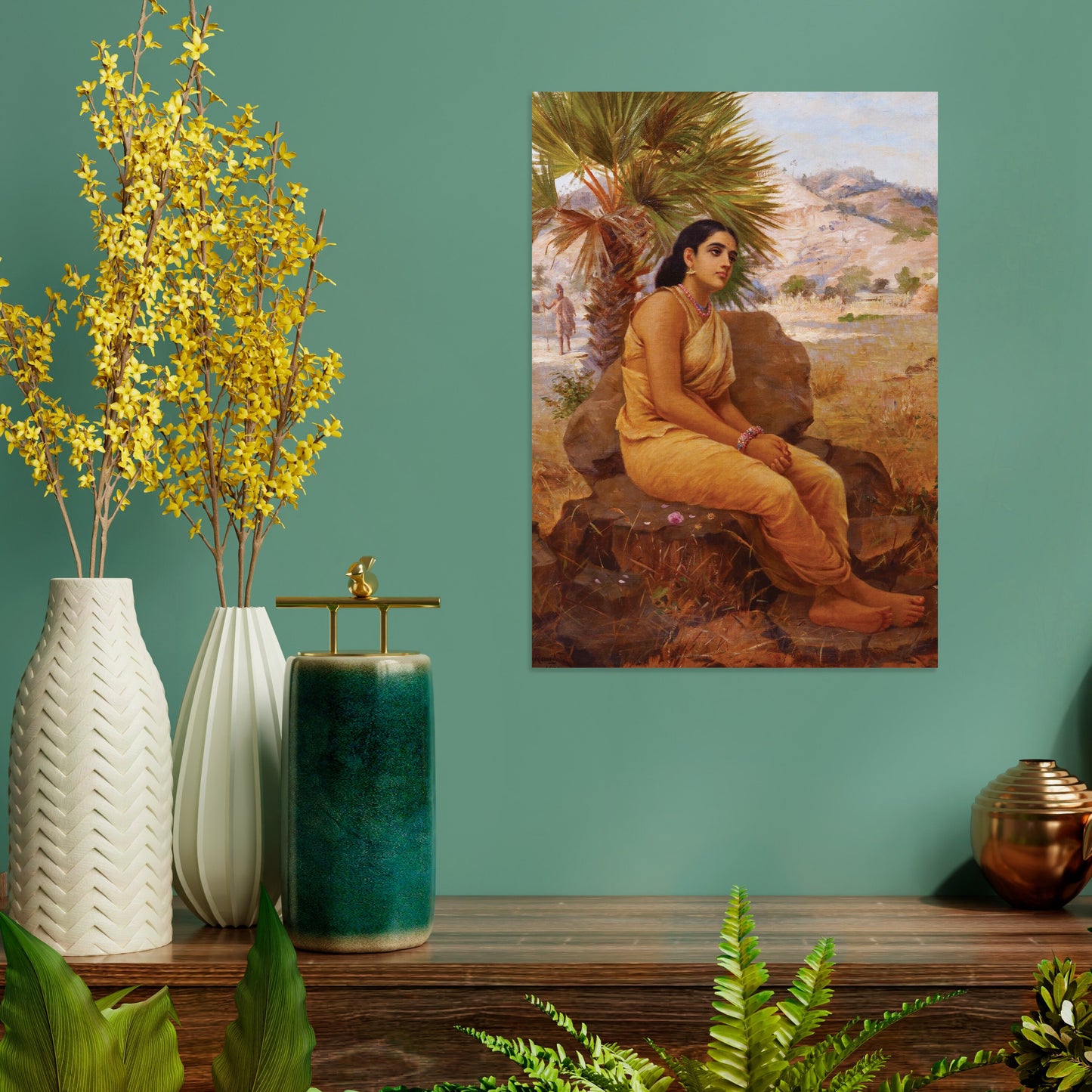 Indian Art Vintage Print Poster Antique Raja Ravi Varma Shakuntala Lost in Dushyanta's Thoughts Hindu Kerala Painting Sari Saree Beautiful