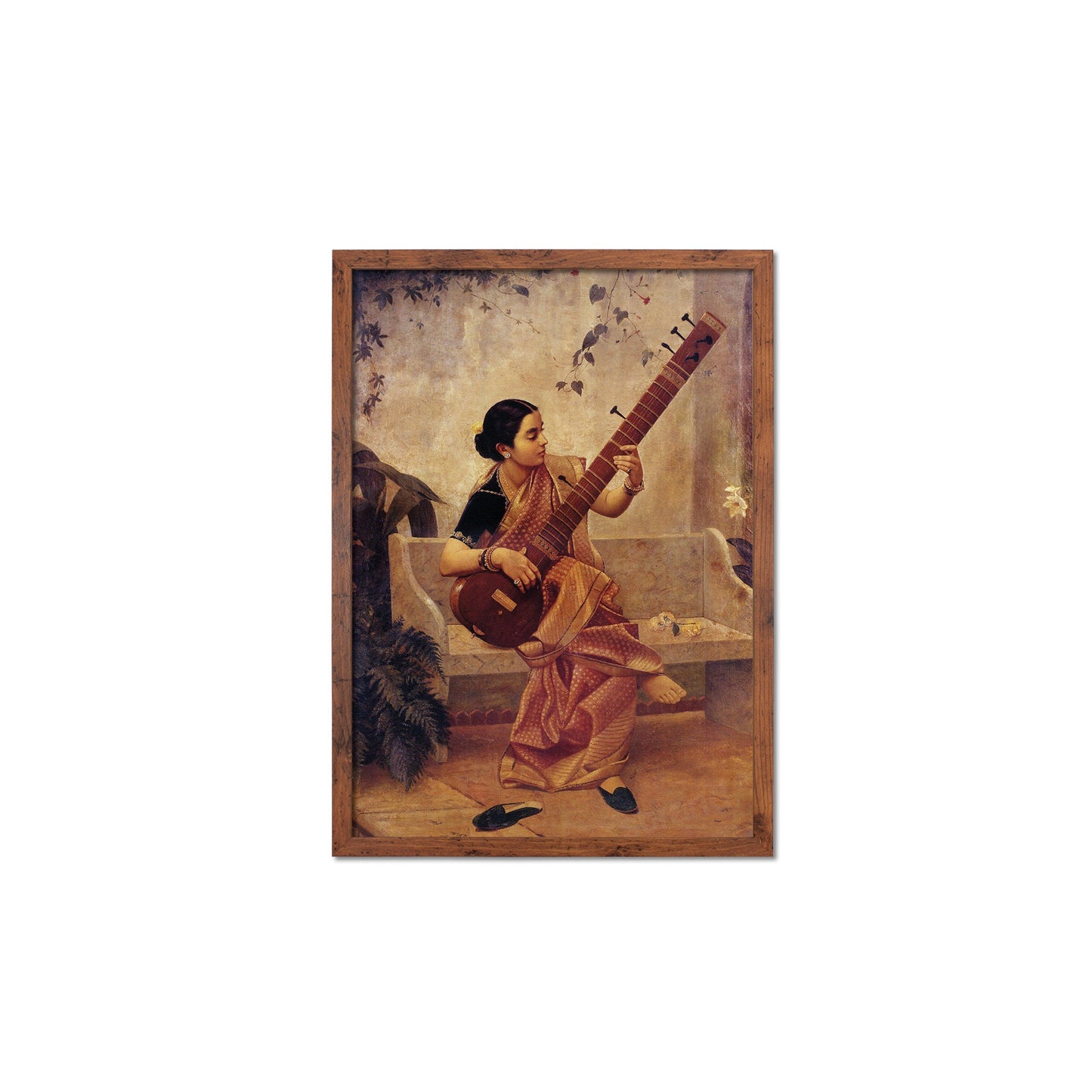 Framed Mounted Indian Art Vintage Print Poster Antique Raja Ravi Varma Kadambari Music Hath Charm Hindu Kerala Painting Pretty Veena Sitar