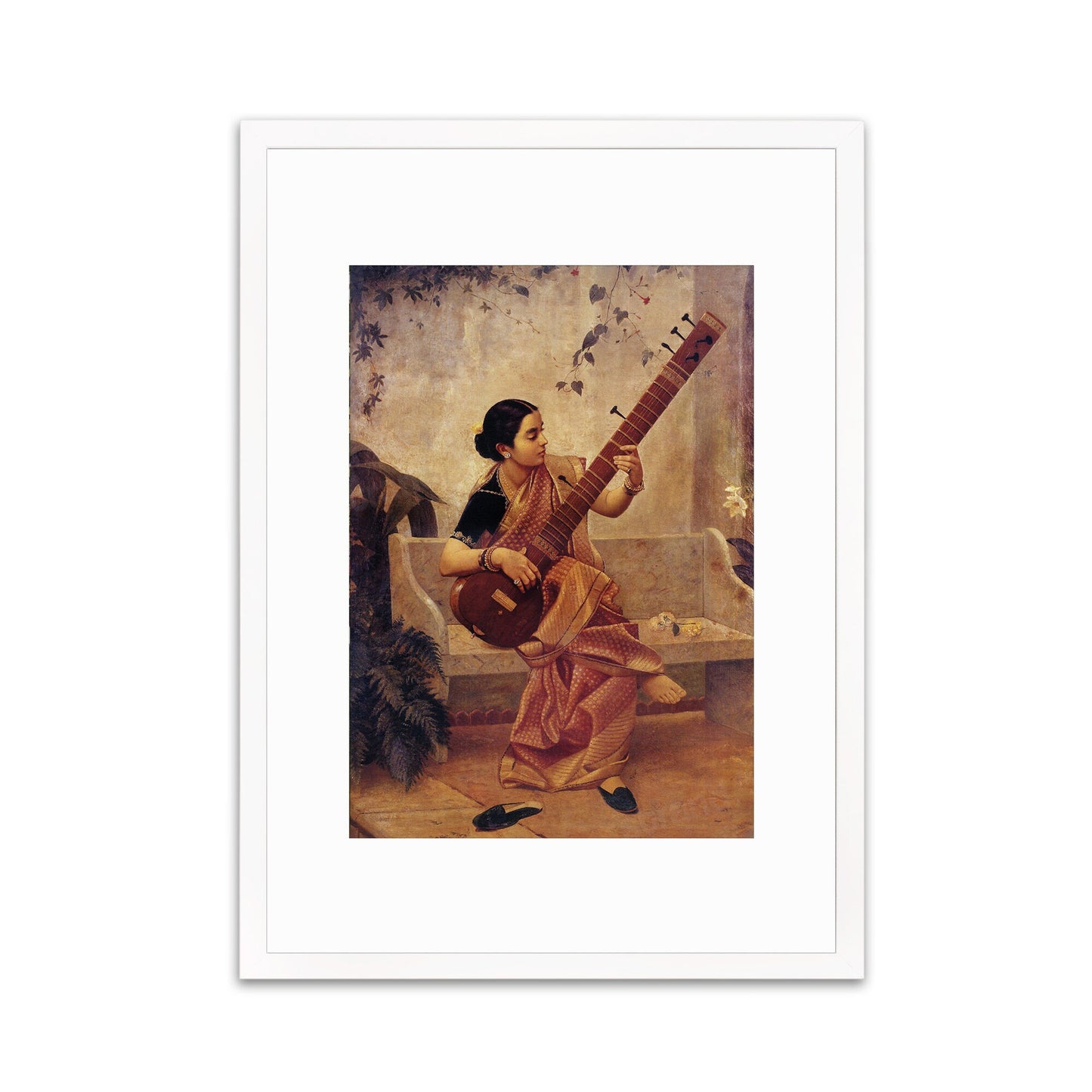 Framed Mounted Indian Art Vintage Print Poster Antique Raja Ravi Varma Kadambari Music Hath Charm Hindu Kerala Painting Pretty Veena Sitar