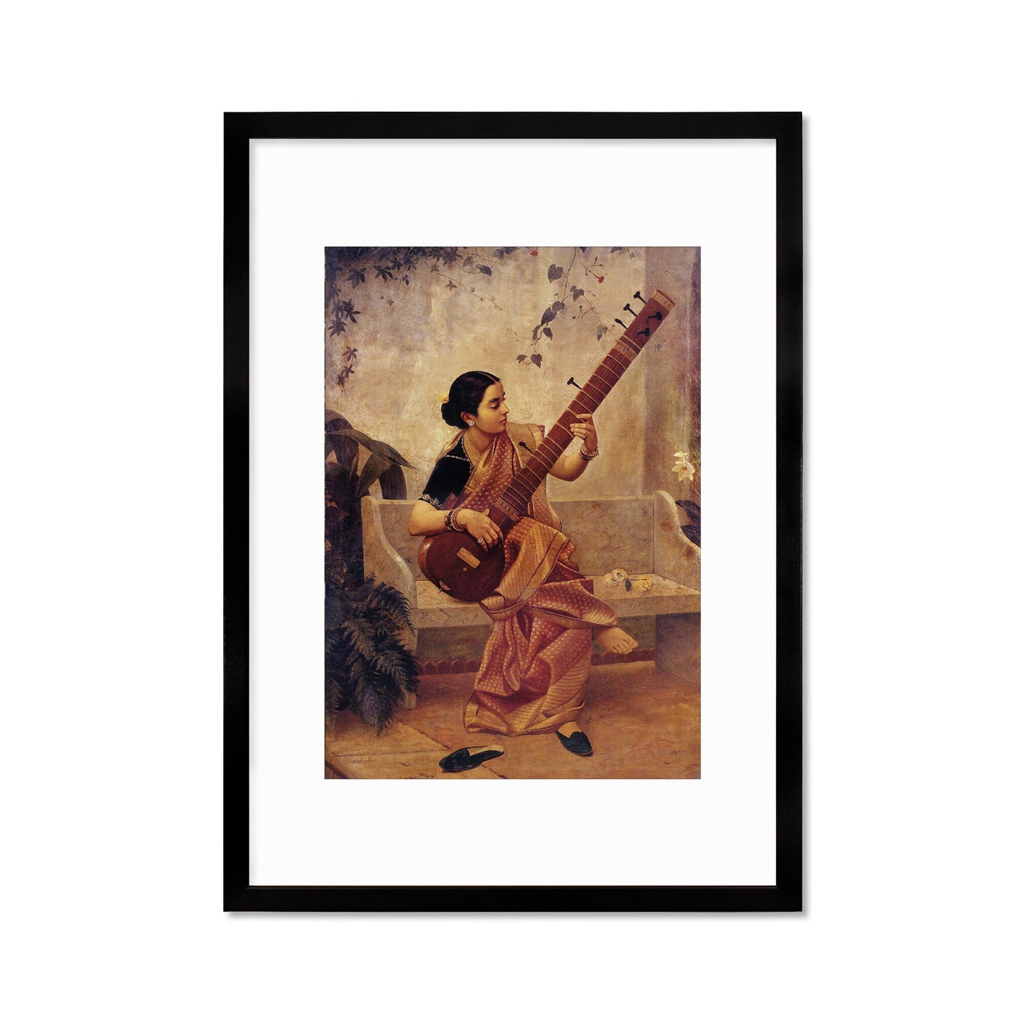 Framed Mounted Indian Art Vintage Print Poster Antique Raja Ravi Varma Kadambari Music Hath Charm Hindu Kerala Painting Pretty Veena Sitar