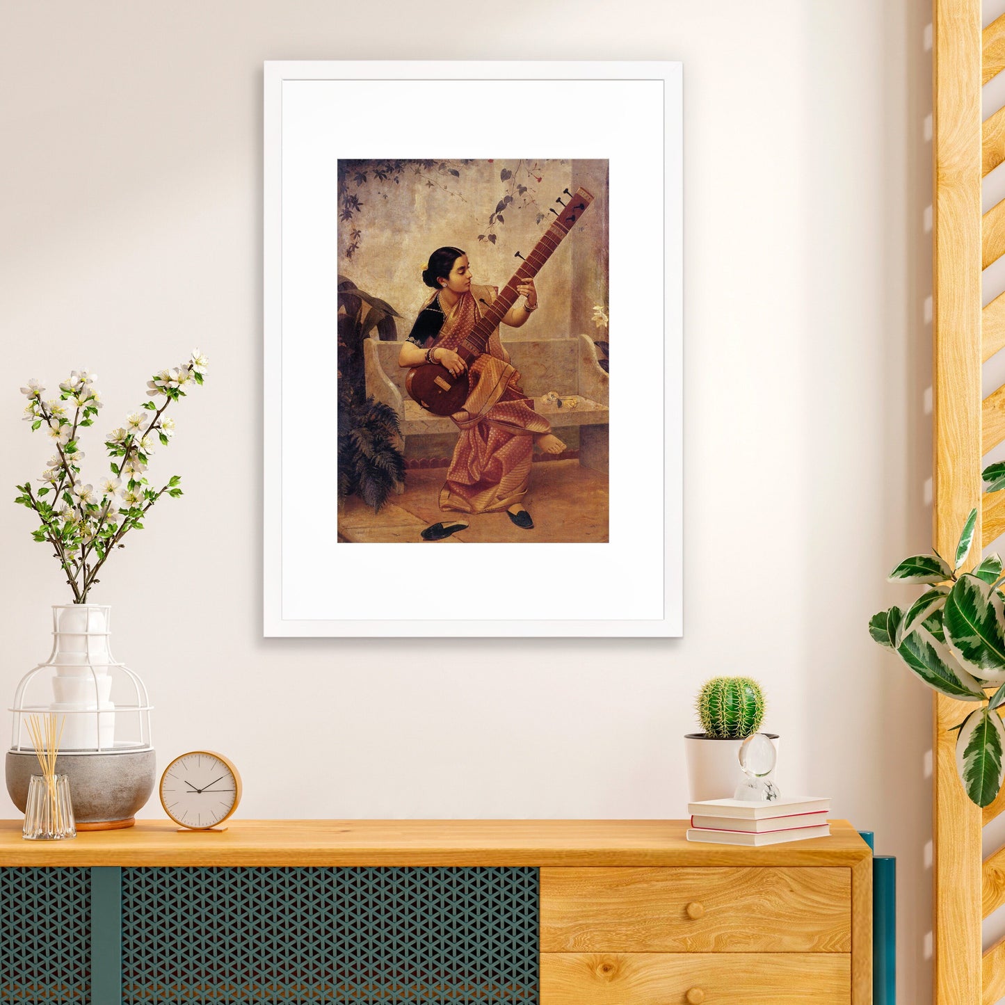 Framed Mounted Indian Art Vintage Print Poster Antique Raja Ravi Varma Kadambari Music Hath Charm Hindu Kerala Painting Pretty Veena Sitar