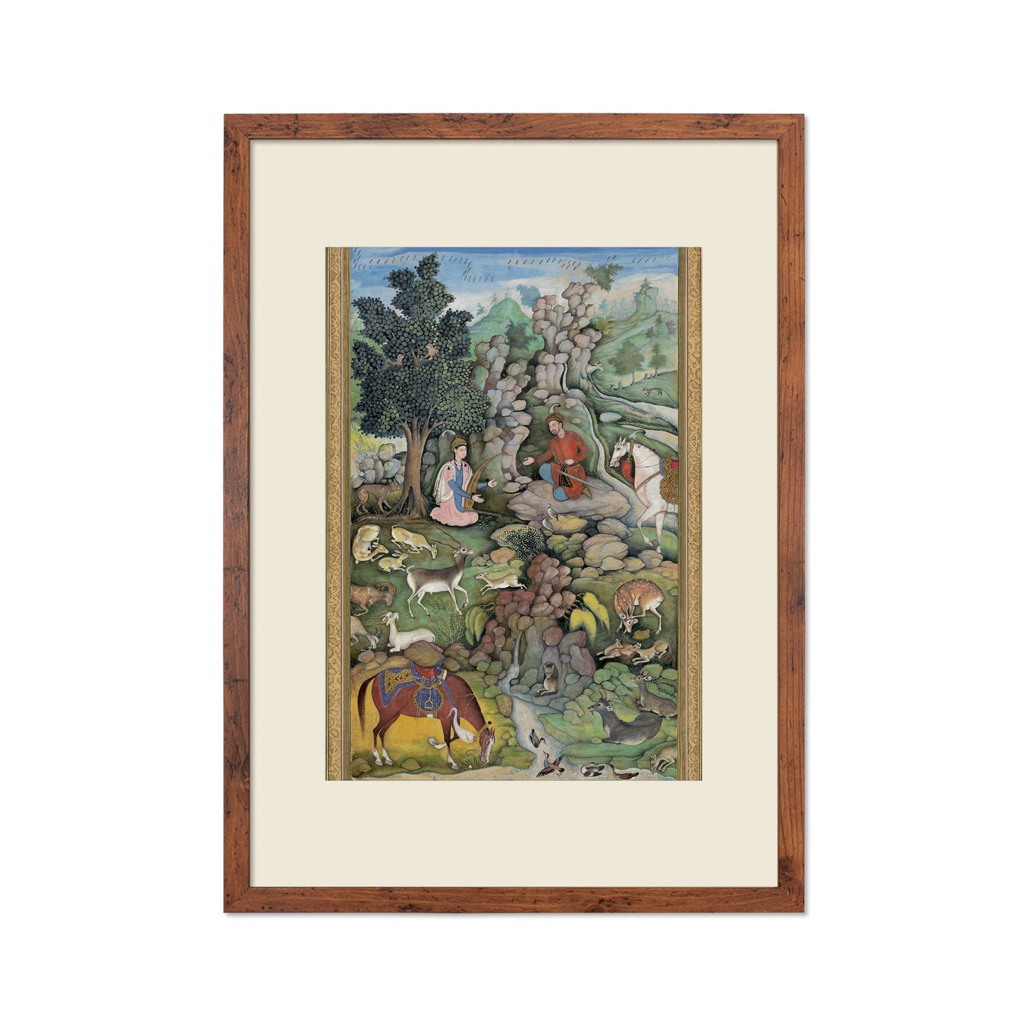 Framed Mounted Mughal Persian Art Vintage Print Poster Antique Bahram Gur Sees Herd of Deer Mesmerized by Dilarams Music Painting Iran A3