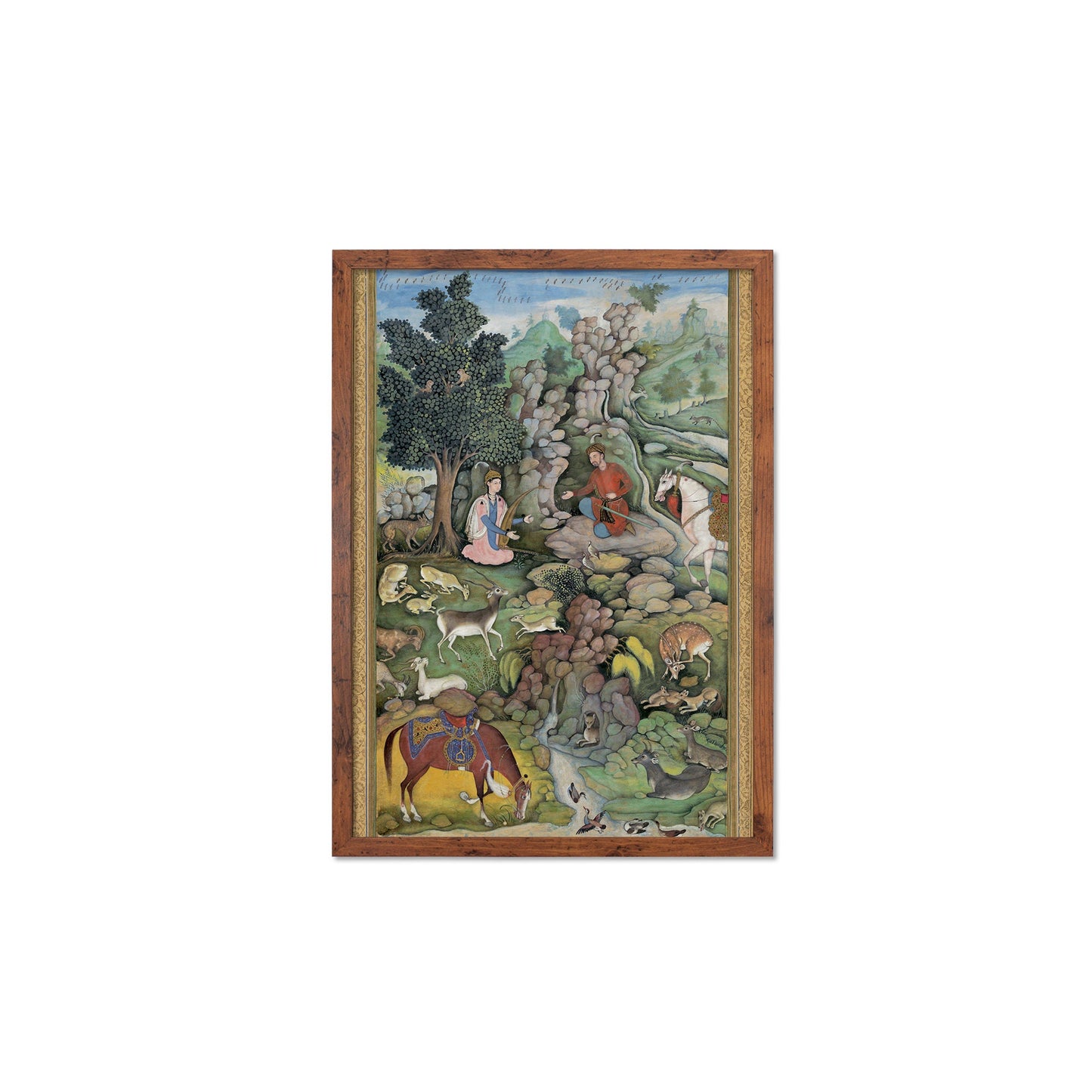 Framed Mounted Mughal Persian Art Vintage Print Poster Antique Bahram Gur Sees Herd of Deer Mesmerized by Dilarams Music Painting Iran A3