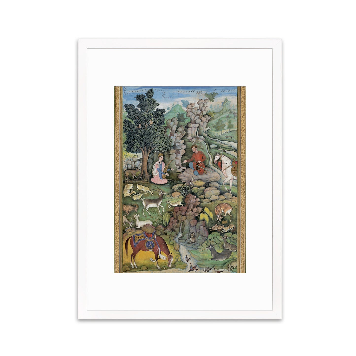 Framed Mounted Mughal Persian Art Vintage Print Poster Antique Bahram Gur Sees Herd of Deer Mesmerized by Dilarams Music Painting Iran A3