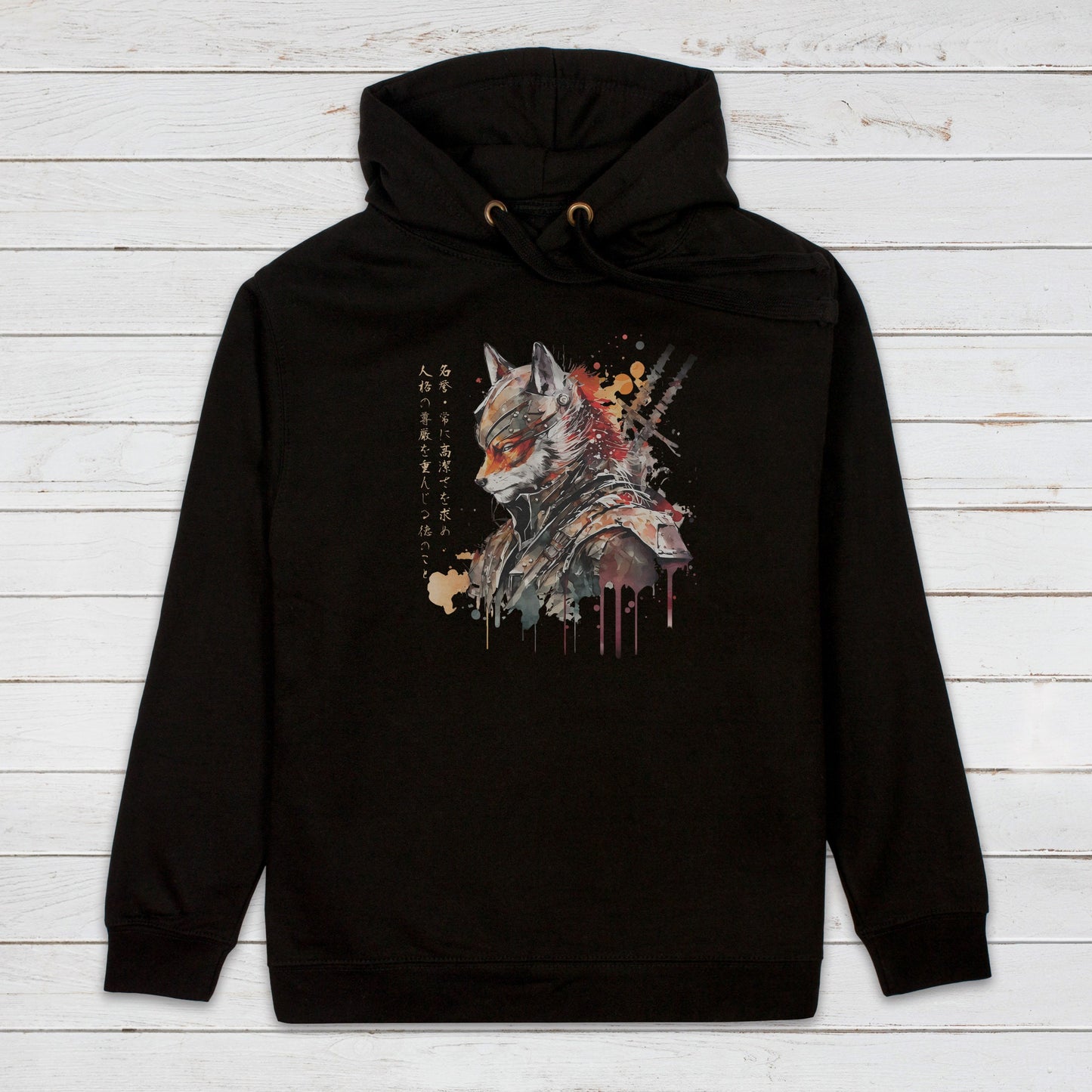 Japanese Samurai Fox Kitsune Hoodie Calligraphy Traditional Art Japan Anime Manga Martial Arts Womens Mens Sweatshirt Printed Hooded Top