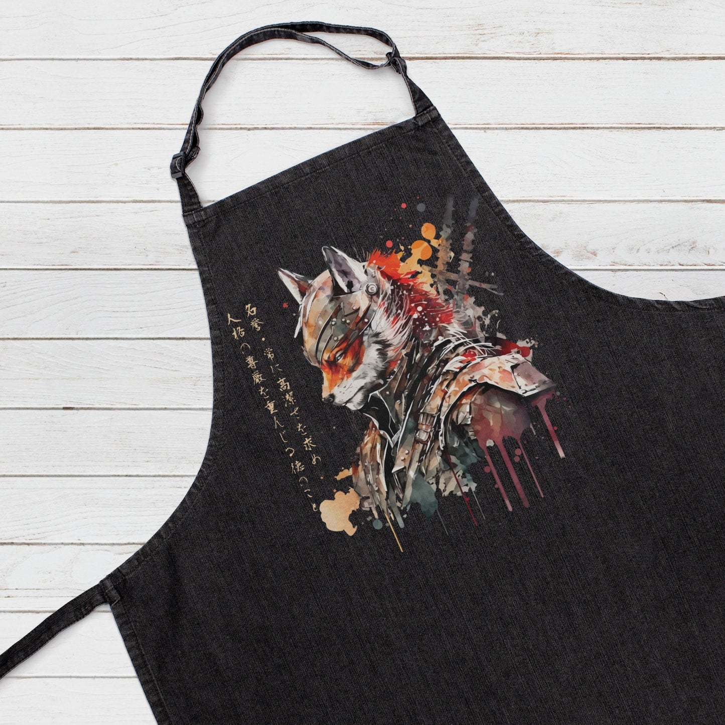 Japanese Samurai Fox Kitsune Printed Apron Baking Cooking Calligraphy Anime Traditional Chef Womens Mens Full Length One Size Gifts Gift