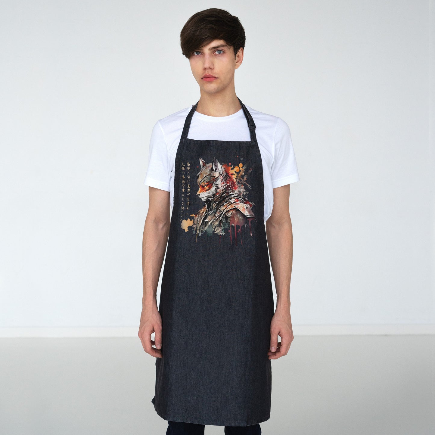 Japanese Samurai Fox Kitsune Printed Apron Baking Cooking Calligraphy Anime Traditional Chef Womens Mens Full Length One Size Gifts Gift