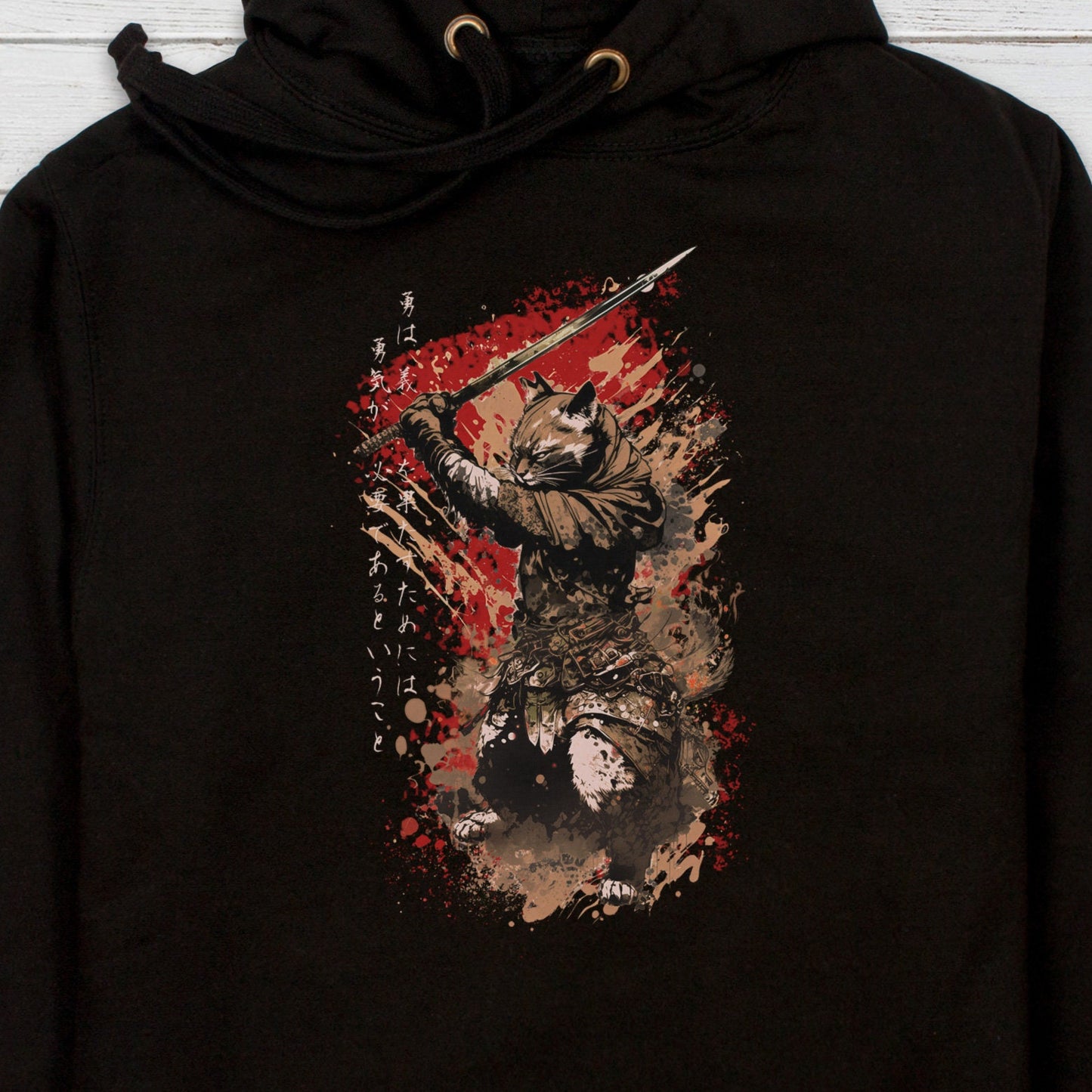 Japanese Samurai Cat Neko Hoodie Calligraphy Traditional Art Courage Yuki Anime Manga Martial Arts Womens Mens Sweatshirt Printed Hooded Top