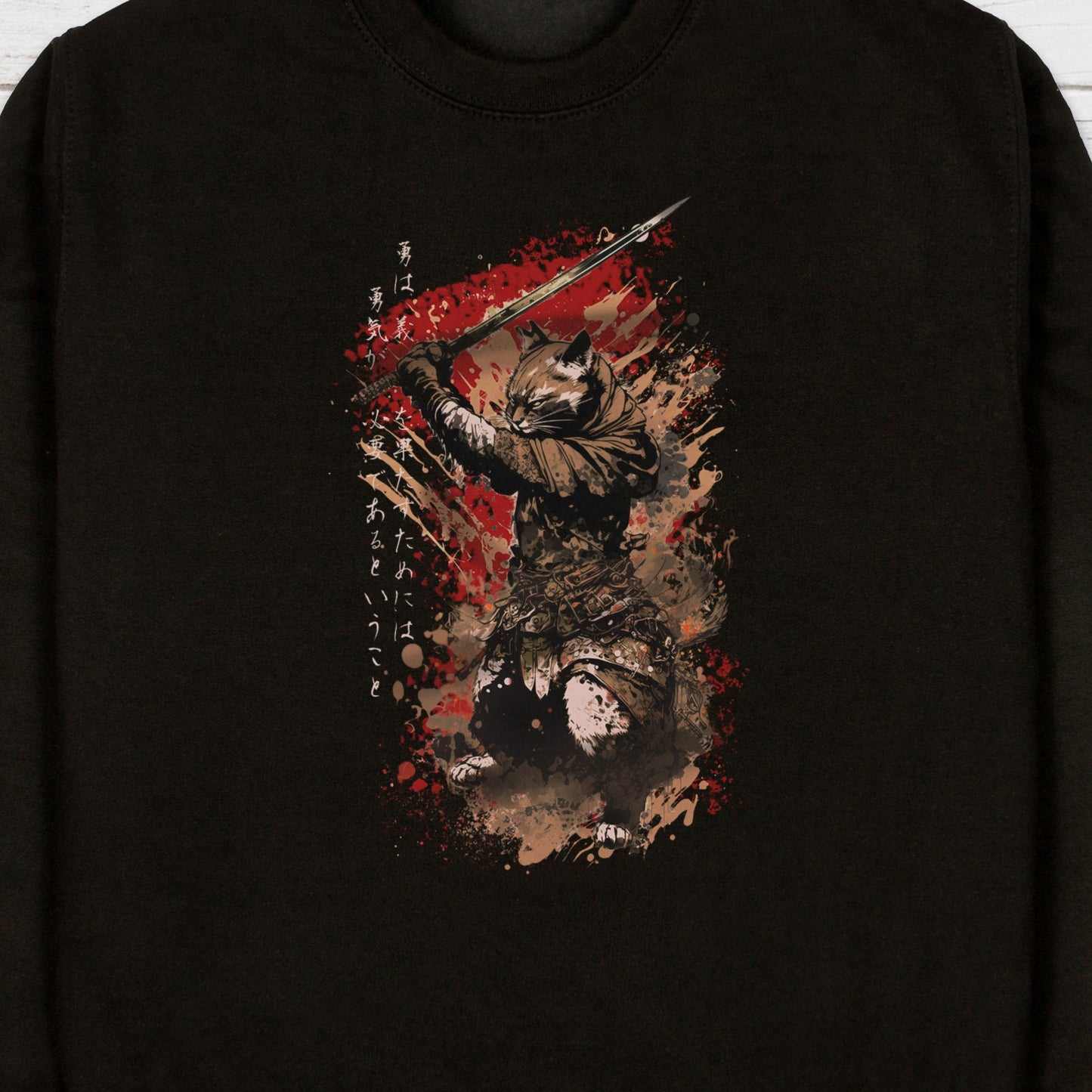 Japanese Samurai Cat Neko Sweatshirt Bushido Honour Japan Traditional Ukiyo-e Kawaii Martial Arts Anime Manga Mens Womens Printed Jumper Top