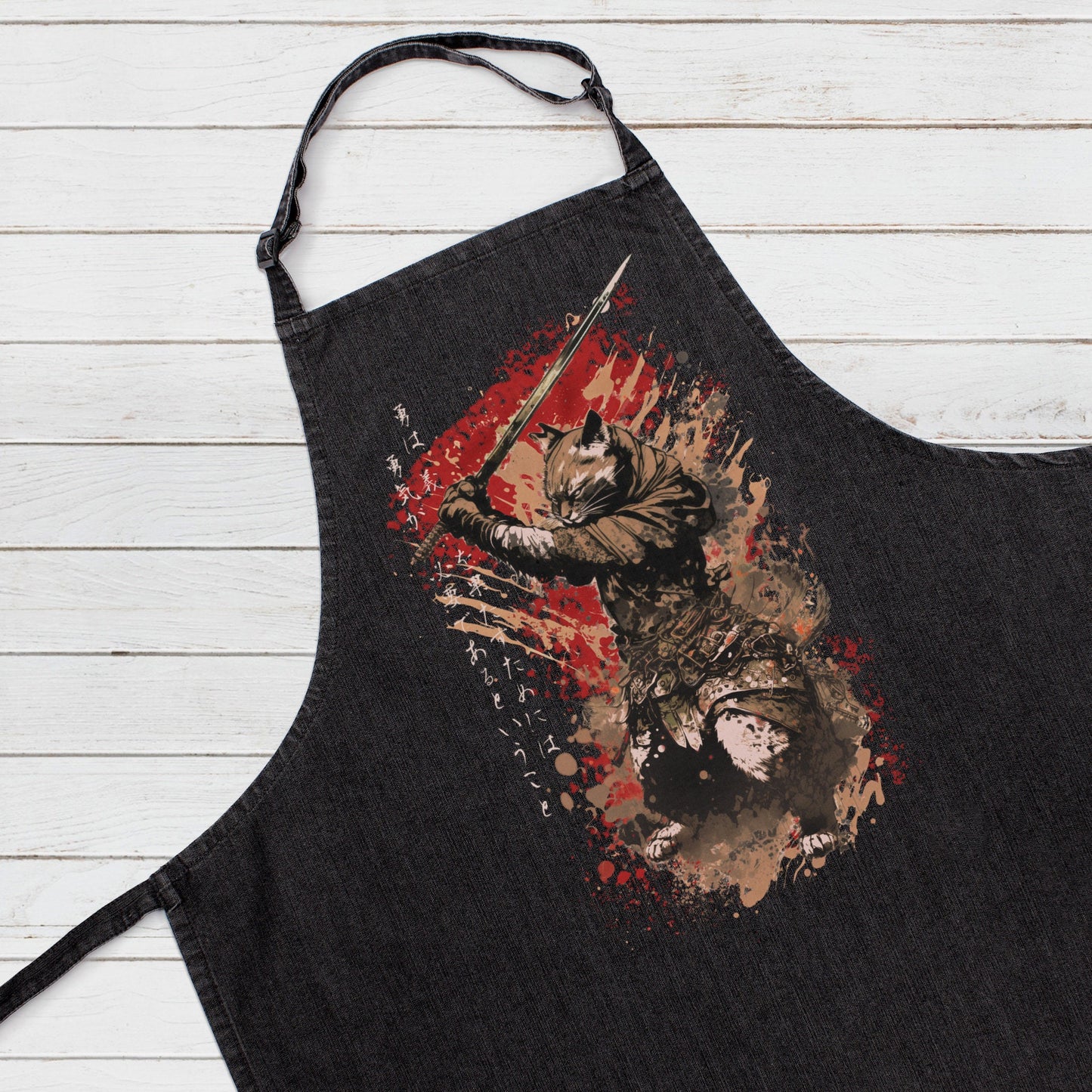 Japanese Samurai Cat Neko Printed Apron Baking Cooking Japan Calligraphy Anime Traditional Chef Womens Mens Full Length One Size Gifts Gift