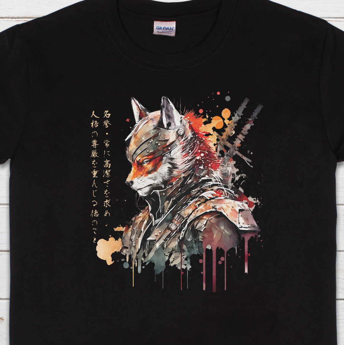 Japanese T Shirt Samurai Fox Bushido Honour Kitsune Traditional Martial Arts Ninja Sword Calligraphy Anime Manga Mens Womens Printed Tee