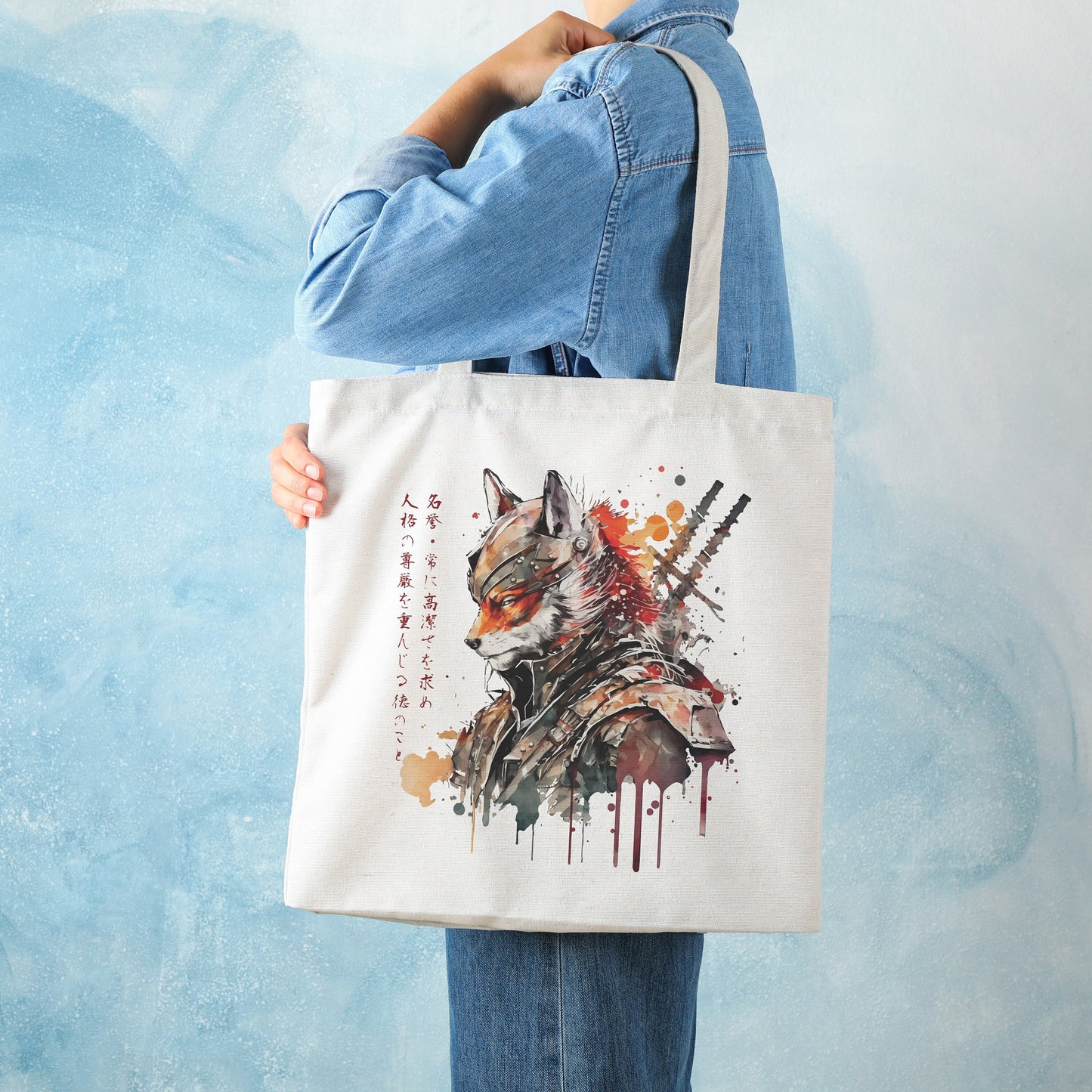 Japanese Samurai Kitsune Fox Canvas Tote Bag Ukiyo-e Traditional Art Japan Yoga Pretty Cute Gift Cotton Shopper Printed Eco Friendly Market