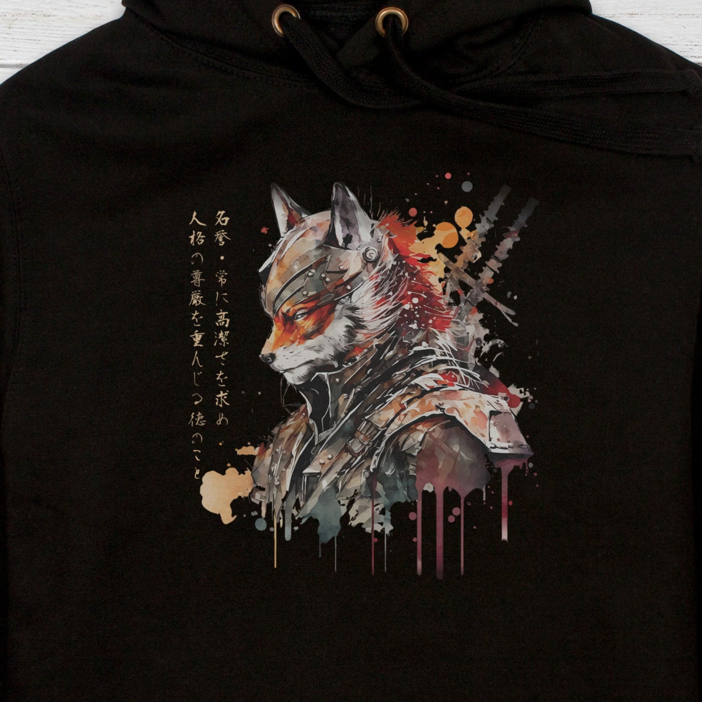 Japanese Samurai Fox Kitsune Hoodie Calligraphy Traditional Art Japan Anime Manga Martial Arts Womens Mens Sweatshirt Printed Hooded Top