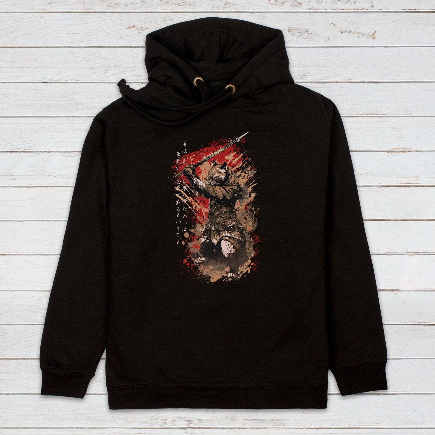 Japanese Samurai Cat Neko Hoodie Calligraphy Traditional Art Courage Yuki Anime Manga Martial Arts Womens Mens Sweatshirt Printed Hooded Top
