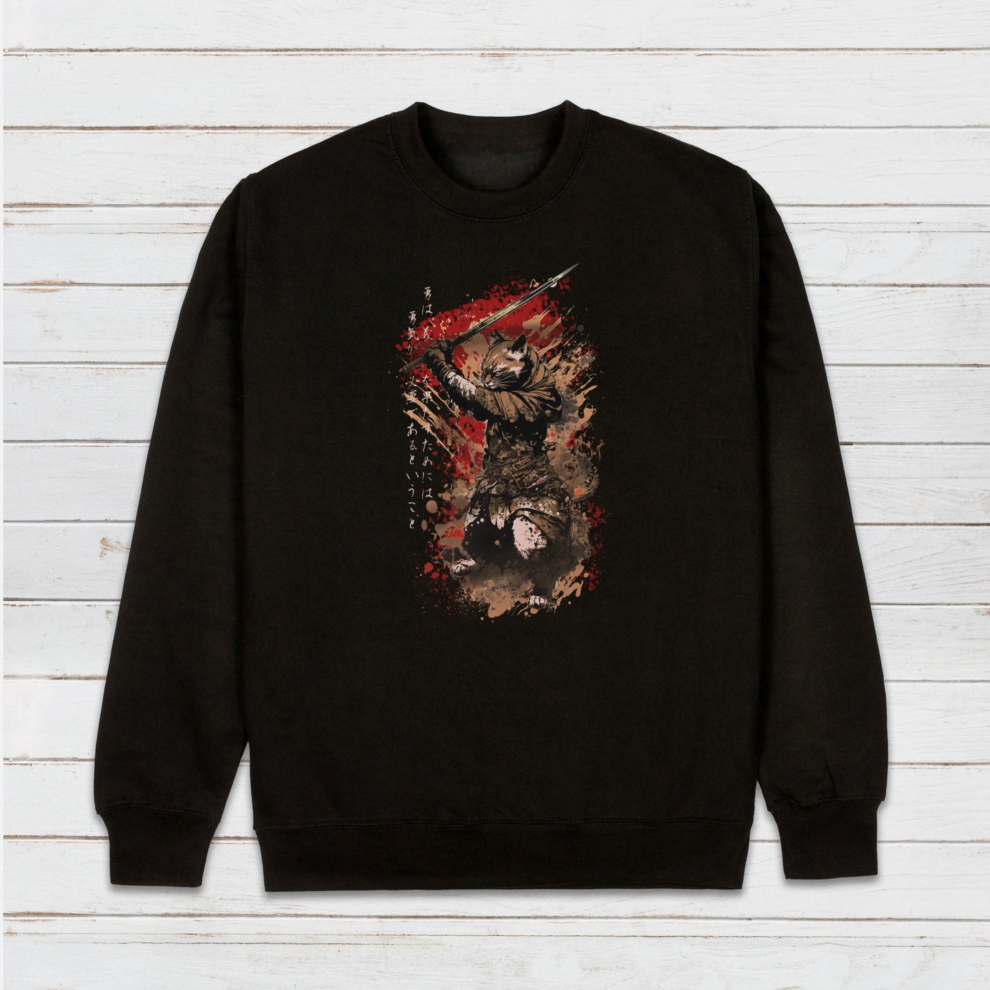 Japanese Samurai Cat Neko Sweatshirt Bushido Honour Japan Traditional Ukiyo-e Kawaii Martial Arts Anime Manga Mens Womens Printed Jumper Top