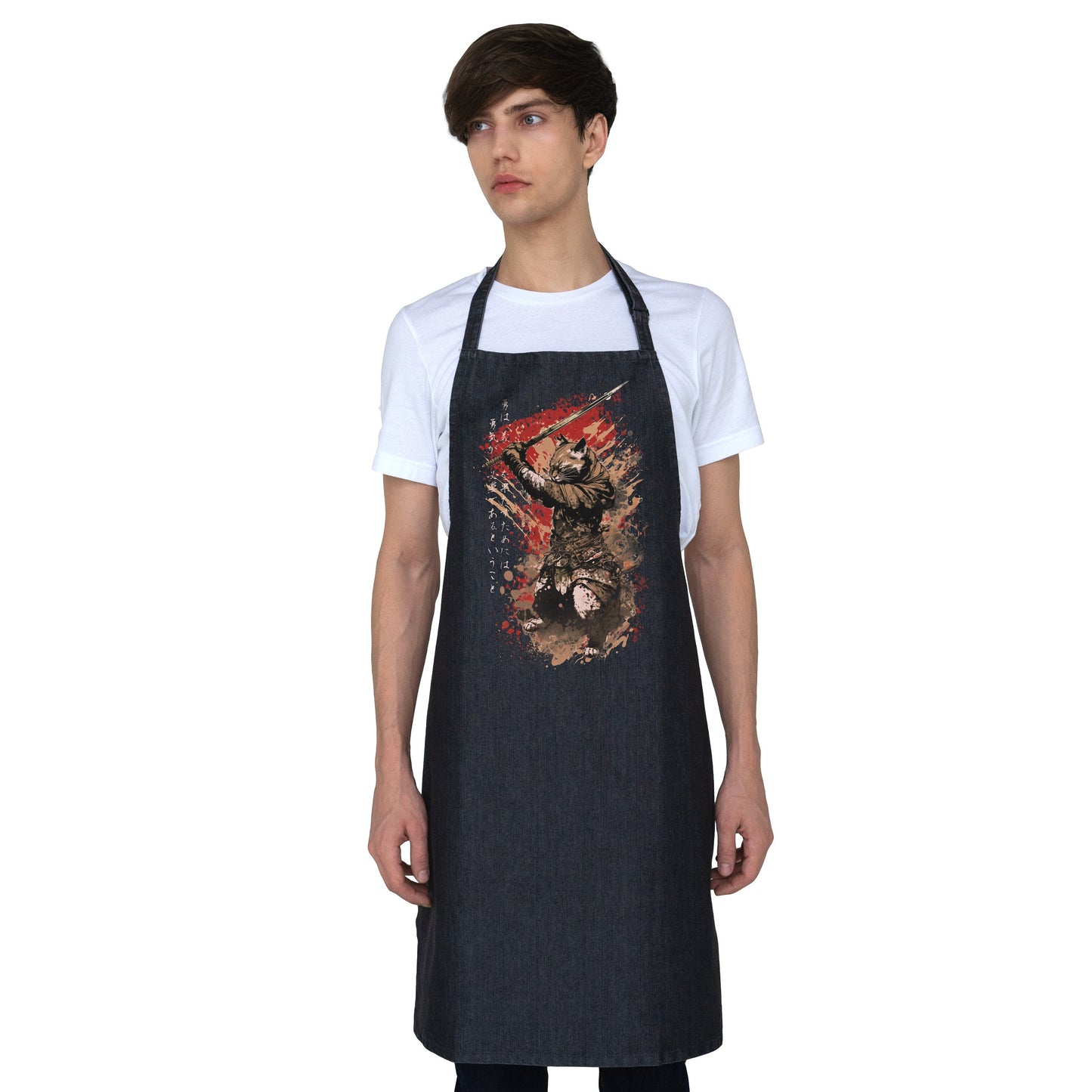 Japanese Samurai Cat Neko Printed Apron Baking Cooking Japan Calligraphy Anime Traditional Chef Womens Mens Full Length One Size Gifts Gift