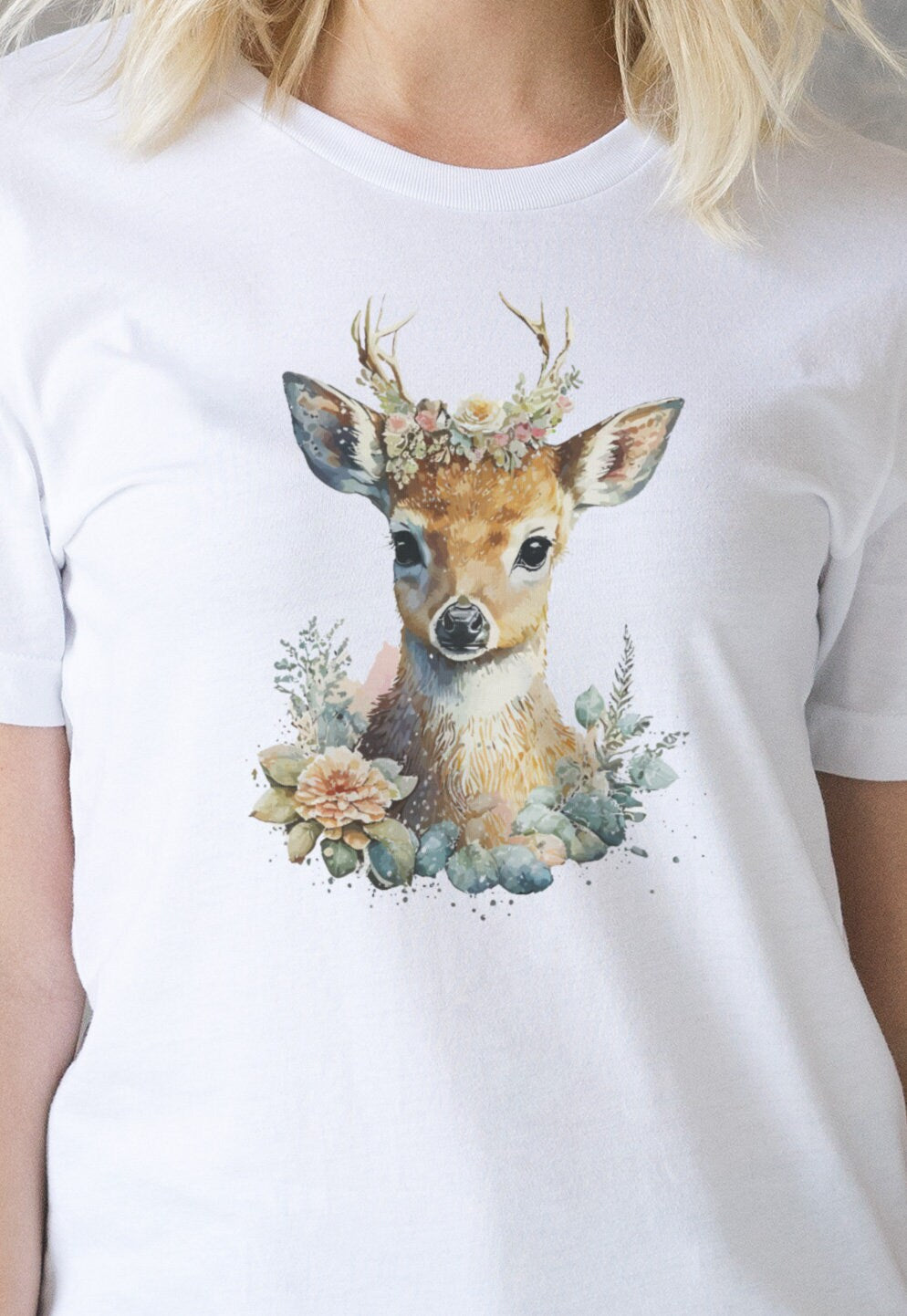 Deer T Shirt Kawaii Cute Fawn Doe Wild Baby Animal Nature Earth Reindeer Vegan Y2K Pretty Watercolour Art Womens Mens Printed Tee Top Gift