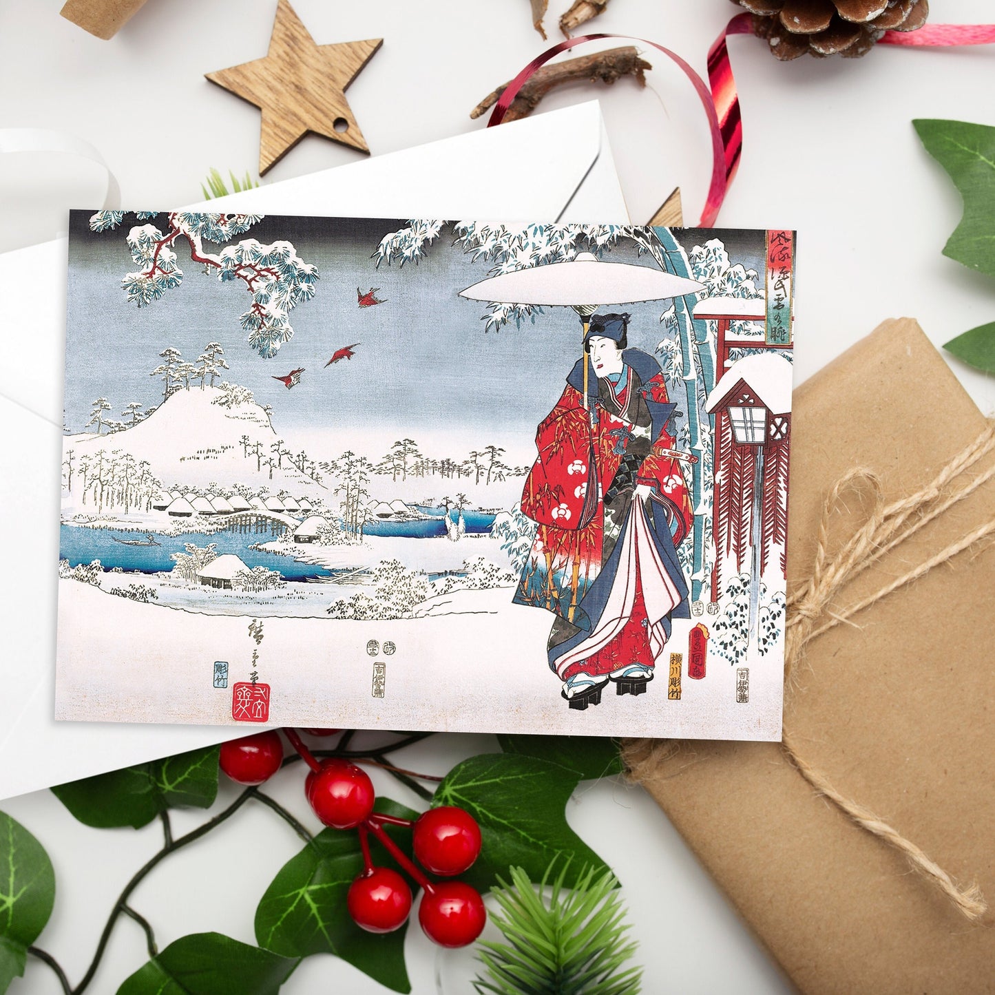 Japanese Ukiyo-e Art Greeting Card Christmas Xmas New Year Winter Woodblock Print Aesthetic Hiroshige Hokusai Basho Elegant Luxury - P06