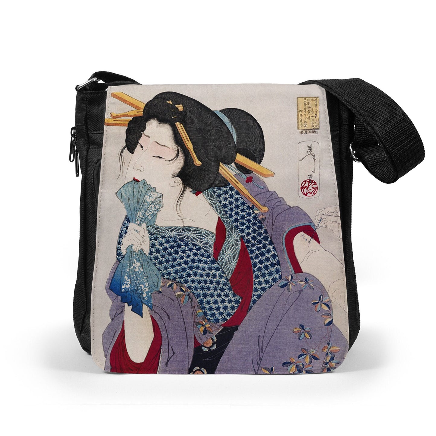 Japanese Ukiyo-e Reporter Tablet Bag Woodblock Art Kyoto Geisha Maiko Tattoo Ink Japan Womens Mens Graphic Printed Cross Body Shoulder Bag