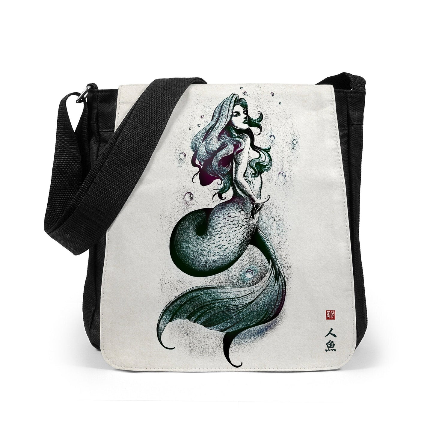 Japanese Mermaid Ukiyo-e Reporter Tablet Bag Woodblock Art Siren Tattoo Beauty Gyotaku Fierce Undine Womens Mens Printed Cross Body Shoulder