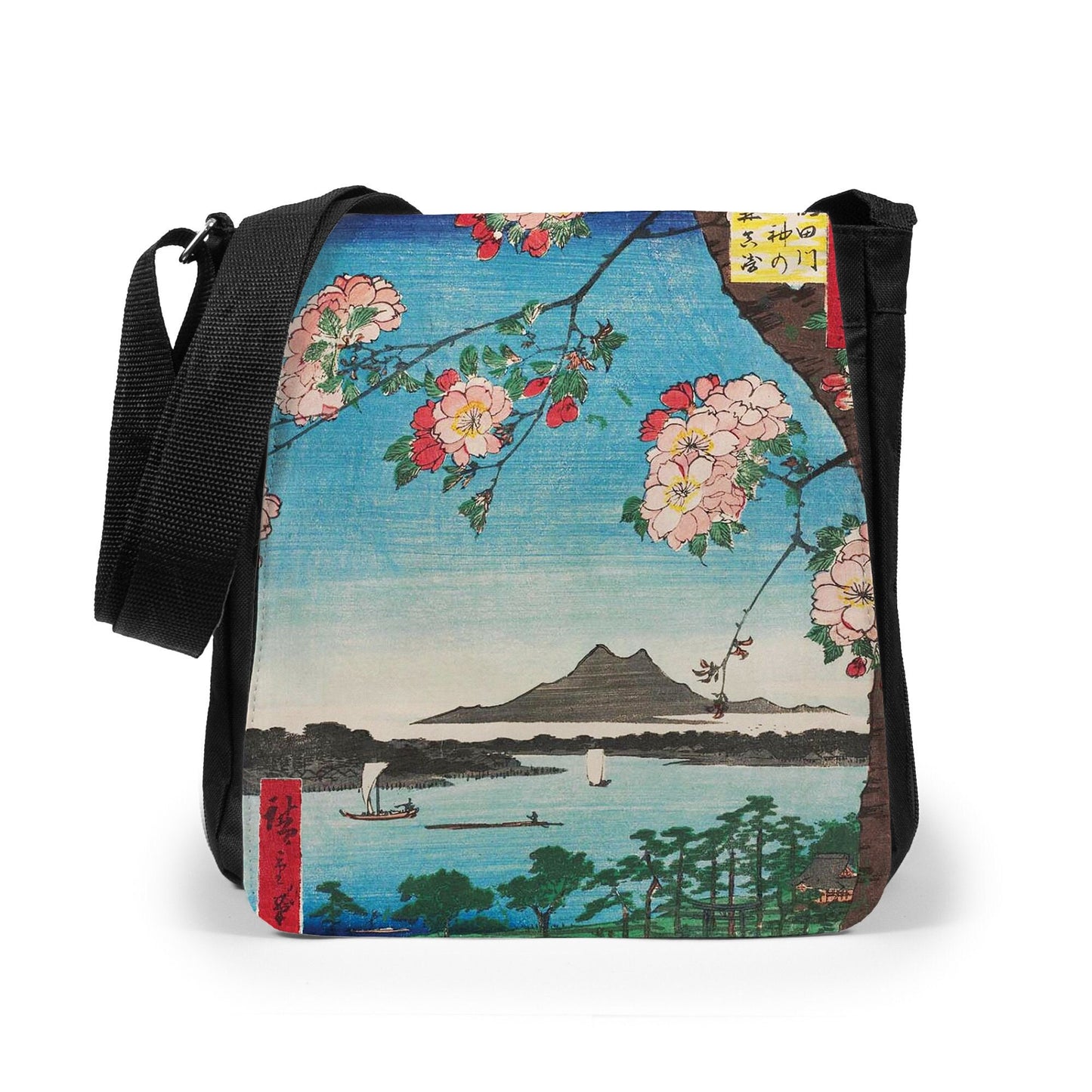 Japanese Ukiyo-e Reporter Tablet Bag Woodblock Art Sakura Cherry Blossoms Hiroshige Utagawa Pretty Womens Mens Printed Cross Body Shoulder