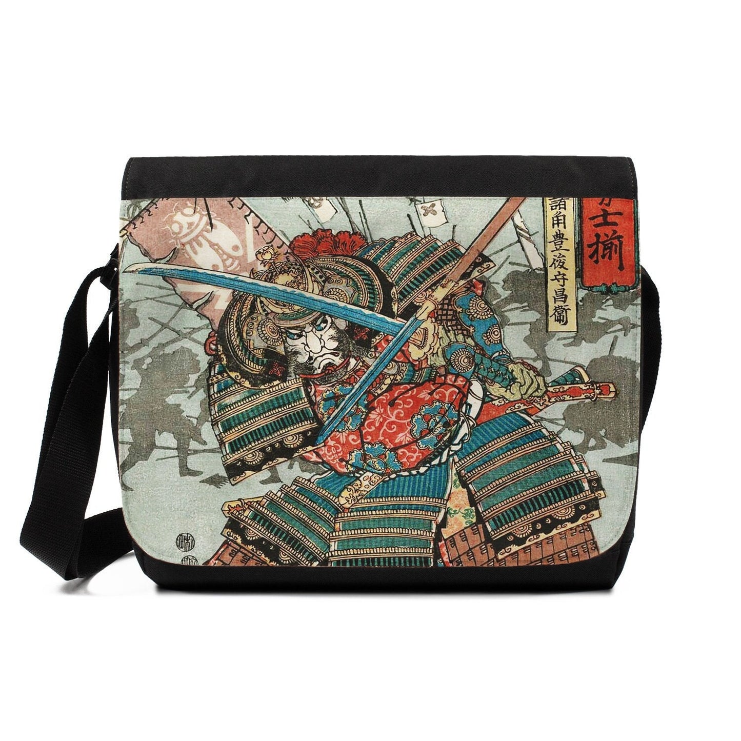 Japanese Ukiyo-e Messenger Bag Woodblock Art Utagawa Yoshifuji Samurai Armour Tattoo O-yoroi Japan Womens Mens Printed Cross Body Shoulder