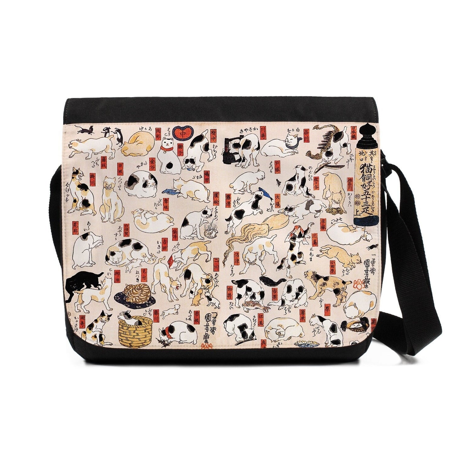 Japanese Ukiyo-e Messenger Bag Woodblock Art Utagawa Kuniyoshi Cats Tokaido Beautiful Cute Neko Womens Mens Printed Cross Body Shoulder Bag