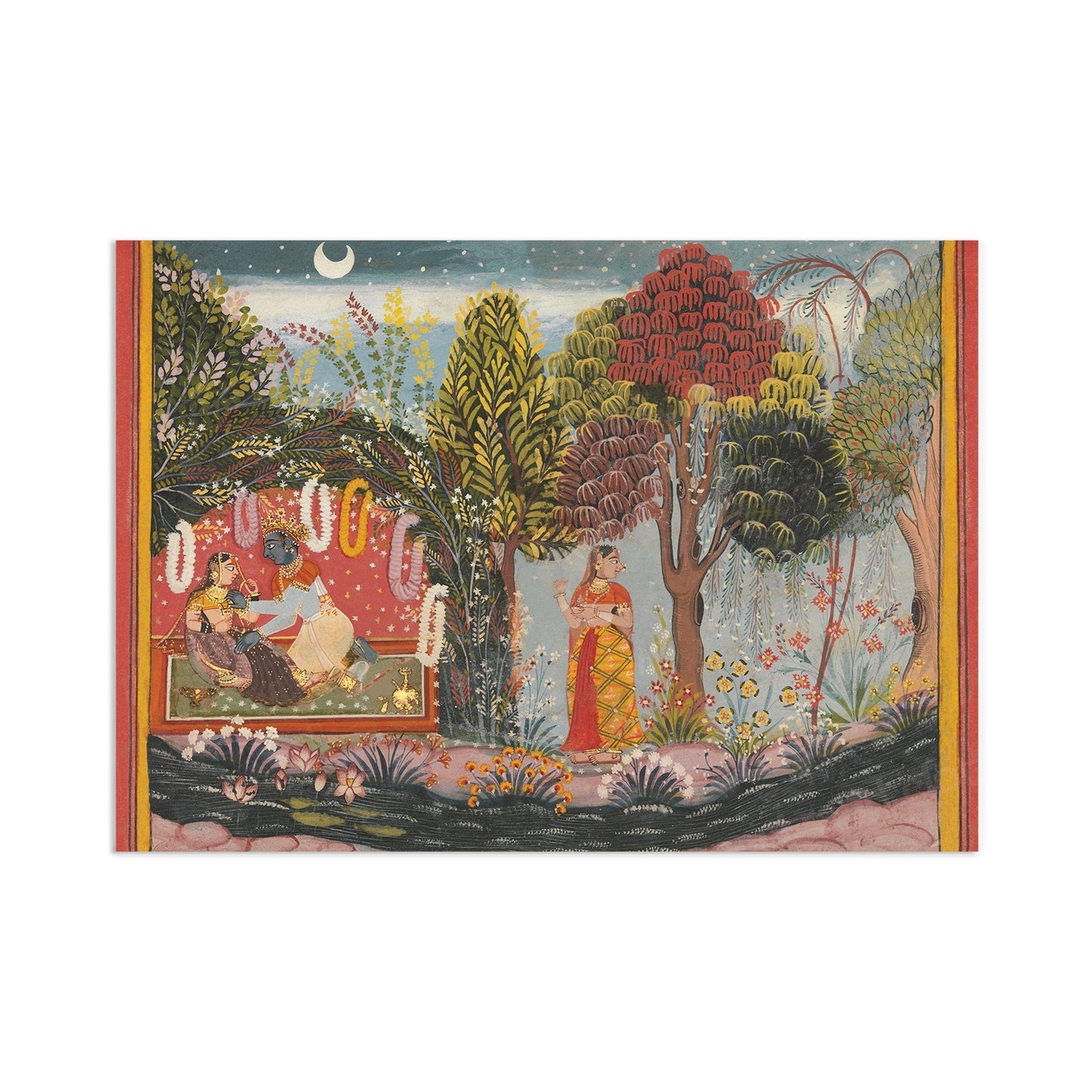 Indian Art Vintage Print Poster Antique Radha and Krishna in a Bower Garden Lovers Sahibdin Hindu Gita Govinda Painting Beautiful Sensual