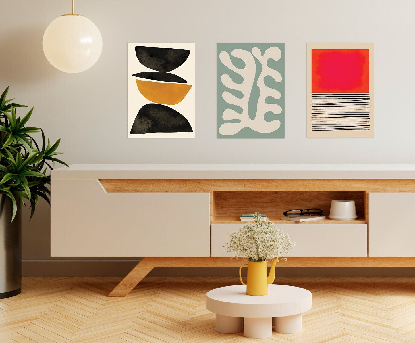Set of 3 Three Abstract Art Print Posters Wall Home Decor Modern Contemporary Handdrawn Shapes Colorful Serene Beautiful Minimal Mid-century
