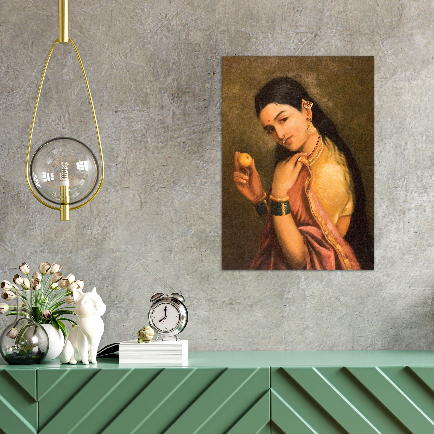 Indian Art Vintage Print Poster Antique Raja Ravi Varma Woman Holding Fruit with India Hindu Kerala Tamil Nadu Painting Beautiful Sitar A3