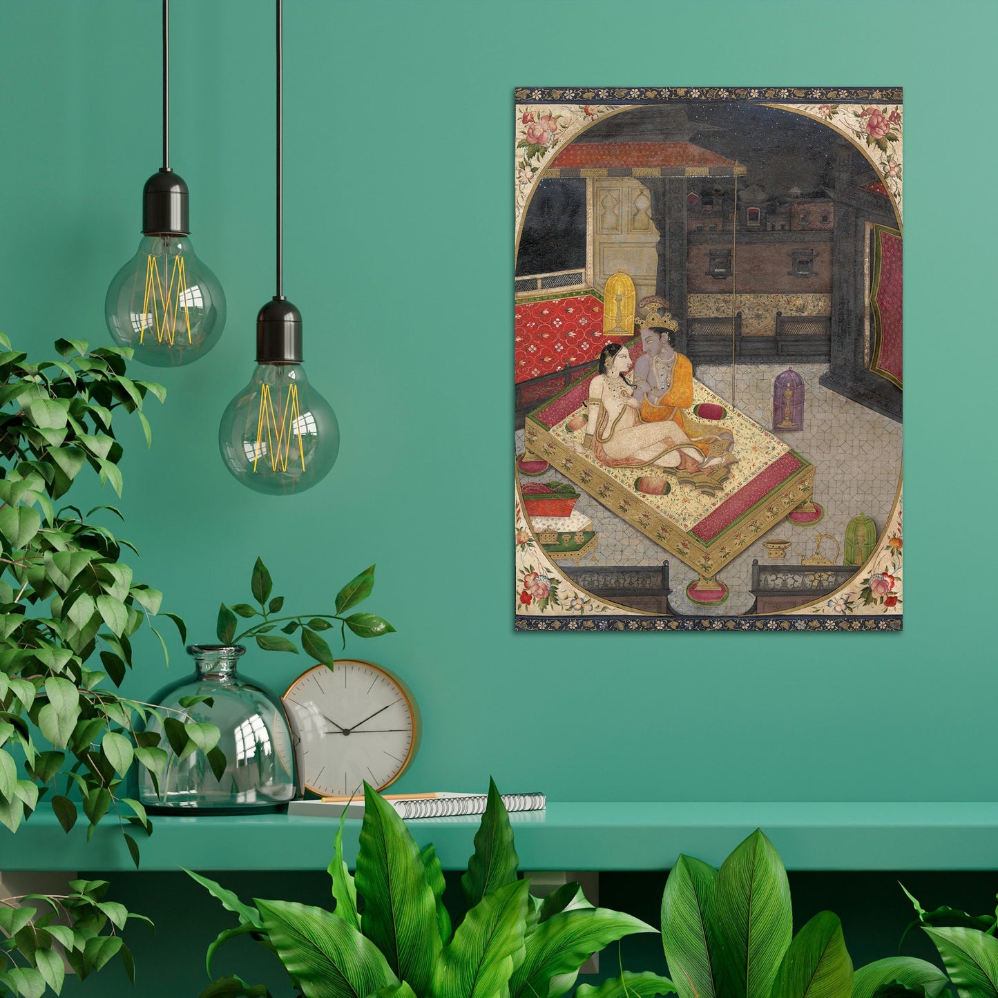 Indian Art Vintage Print Poster Antique Radha and Krishna in Bed at Night Lovers Hindu Gita Govinda Punjab India Painting Beautiful Sensual