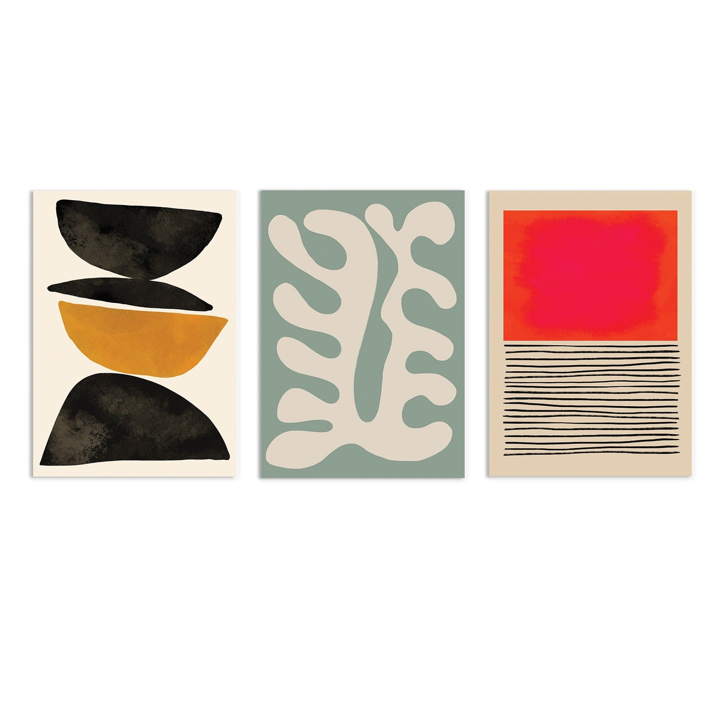 Set of 3 Three Abstract Art Print Posters Wall Home Decor Modern Contemporary Handdrawn Shapes Colorful Serene Beautiful Minimal Mid-century
