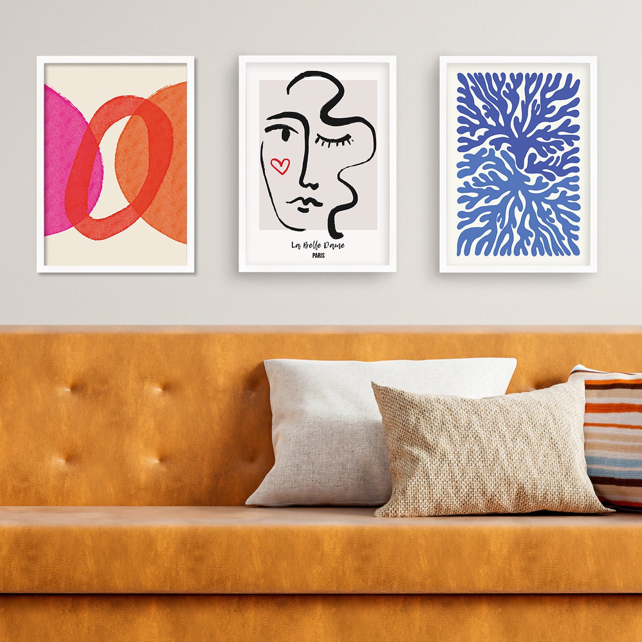 Set of 3 Three Abstract Art Print Posters Framed Frame Wall Home Decor Modern Contemporary Handdrawn Shapes Colorful Minimal Mid-century