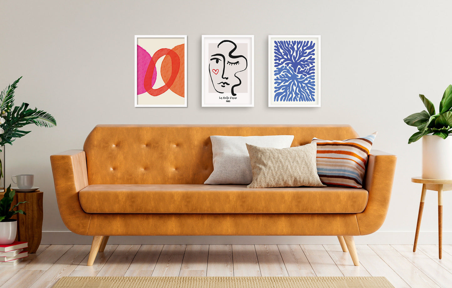 Set of 3 Three Abstract Art Print Posters Framed Frame Wall Home Decor Modern Contemporary Handdrawn Shapes Colorful Minimal Mid-century