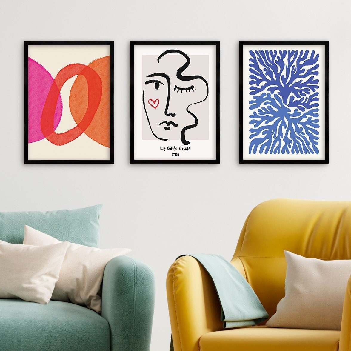 Set of 3 Three Abstract Art Print Posters Framed Frame Wall Home Decor Modern Contemporary Handdrawn Shapes Colorful Minimal Mid-century