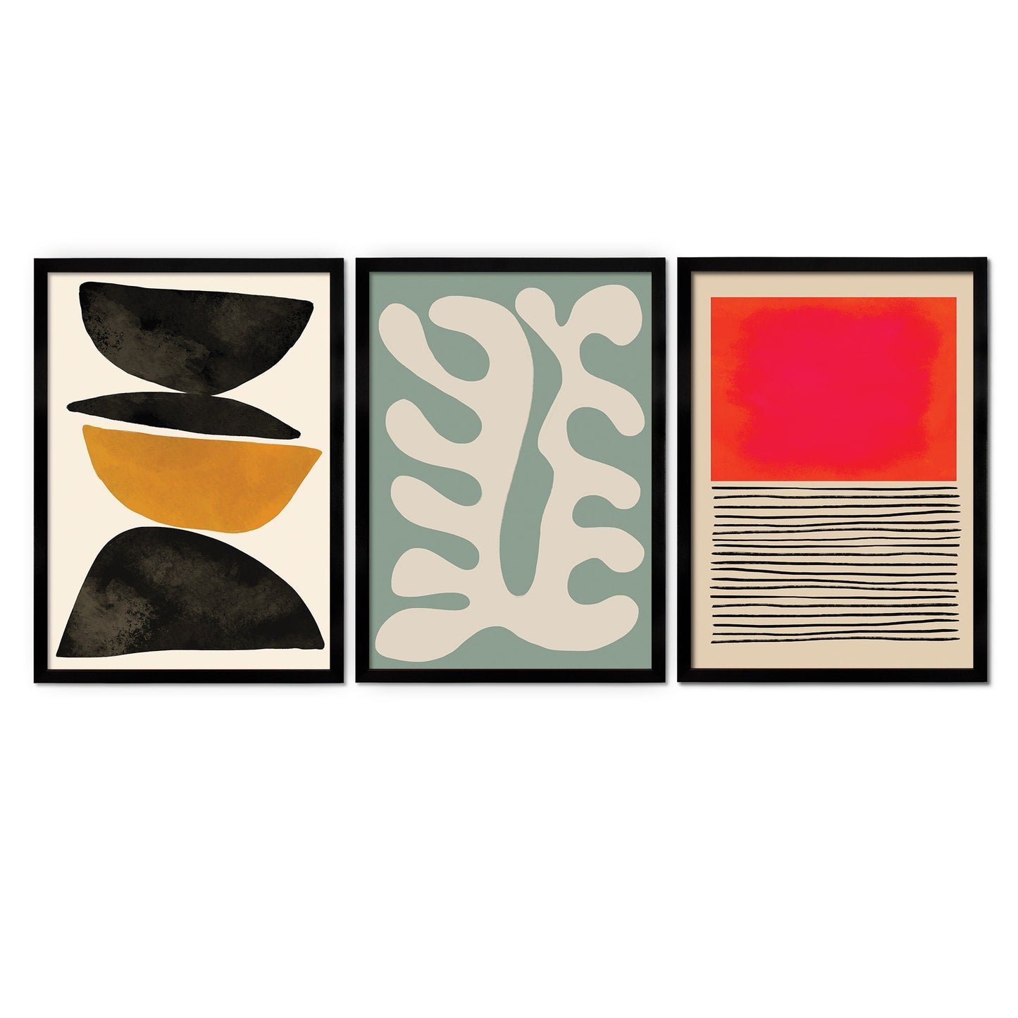 Set of 3 Three Framed Abstract Art Print Posters Wall Home Decor Modern Contemporary Handdrawn Shapes Colorful Serene Beautiful Mid-century