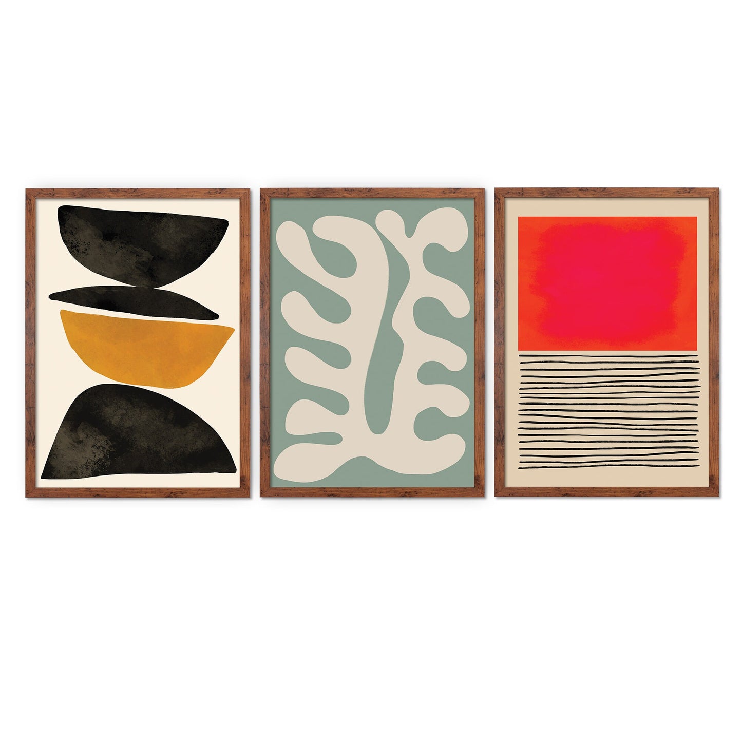 Set of 3 Three Framed Abstract Art Print Posters Wall Home Decor Modern Contemporary Handdrawn Shapes Colorful Serene Beautiful Mid-century