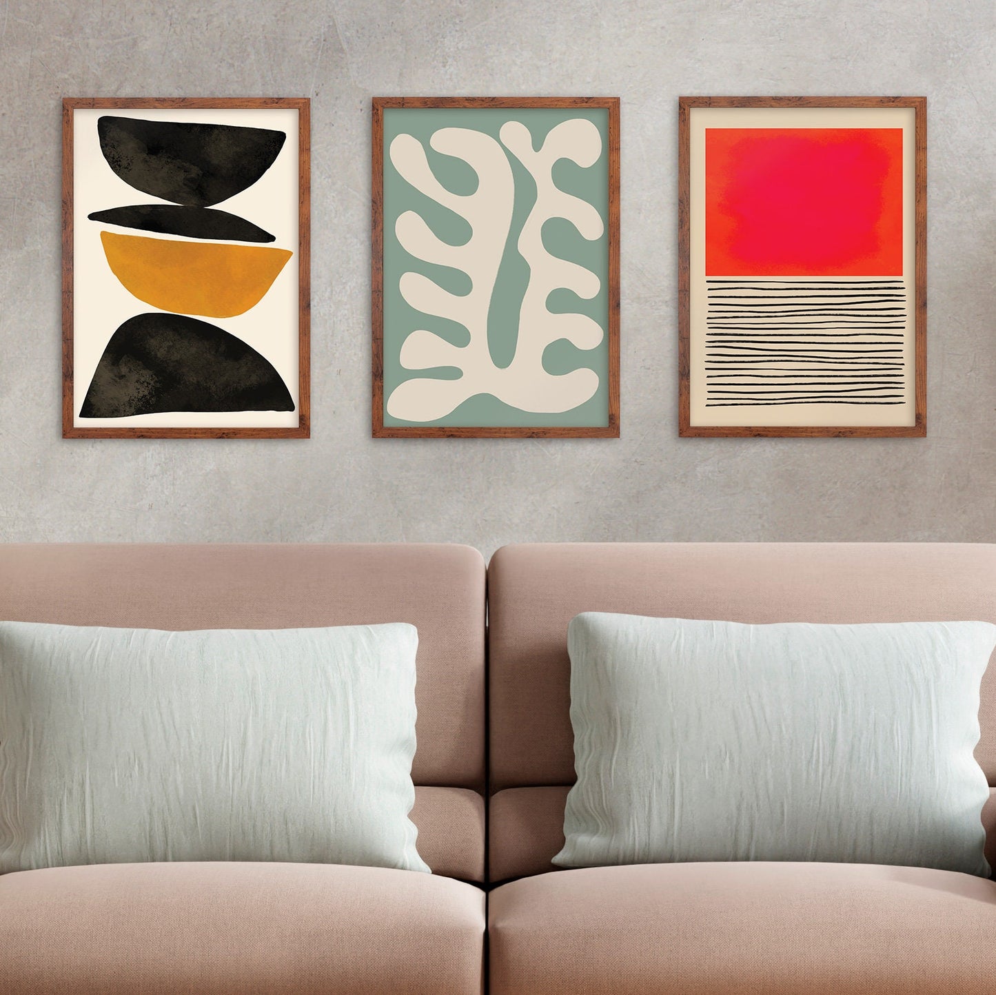 Set of 3 Three Framed Abstract Art Print Posters Wall Home Decor Modern Contemporary Handdrawn Shapes Colorful Serene Beautiful Mid-century