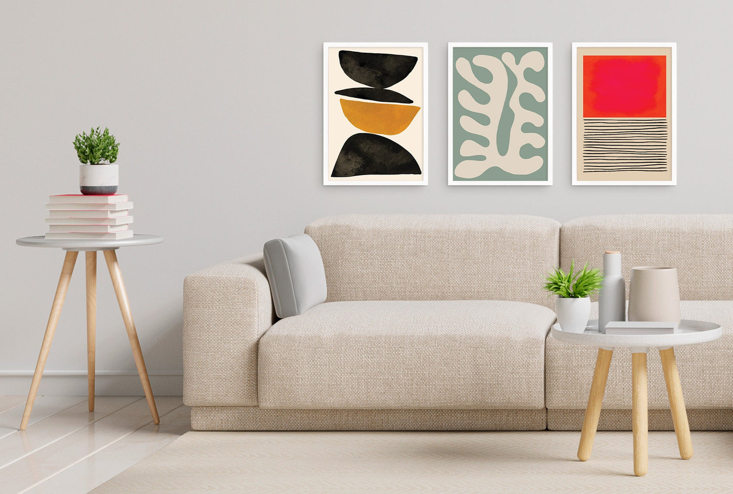 Set of 3 Three Framed Abstract Art Print Posters Wall Home Decor Modern Contemporary Handdrawn Shapes Colorful Serene Beautiful Mid-century