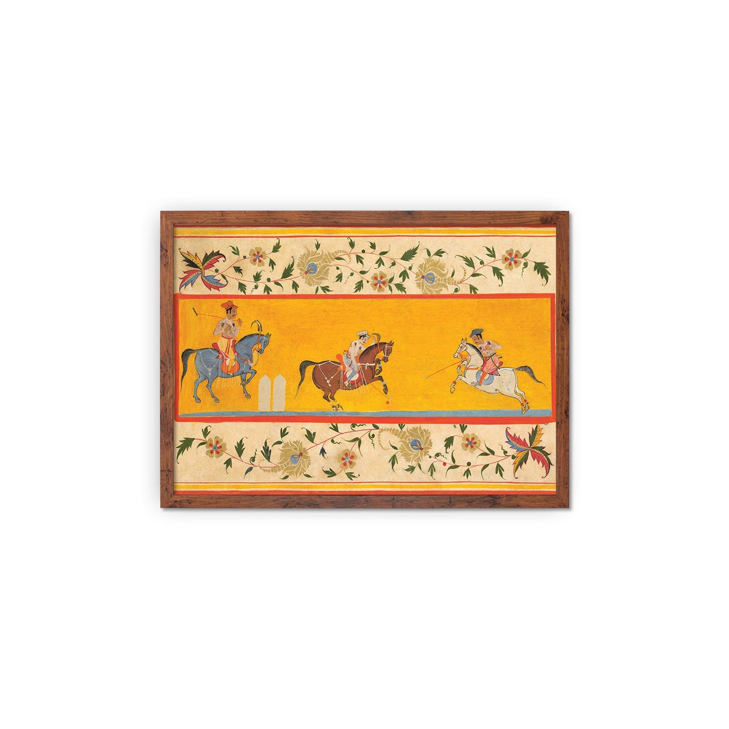 Indian Art Vintage Framed Print Poster Antique Three Polo Players Hindu Rajasthan Punjab India Kerala Maharaj Raja Painting Beautiful Frame